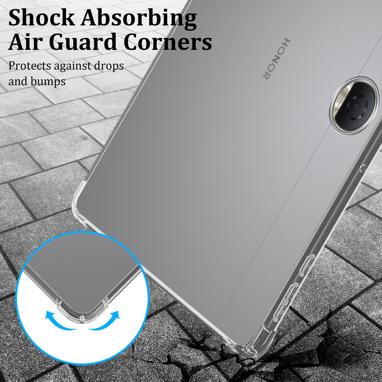Transparente Handyhülle mit Luftschutzecken. Das Telefon ist teilweise sichtbar, auf einer grauen Oberfläche.