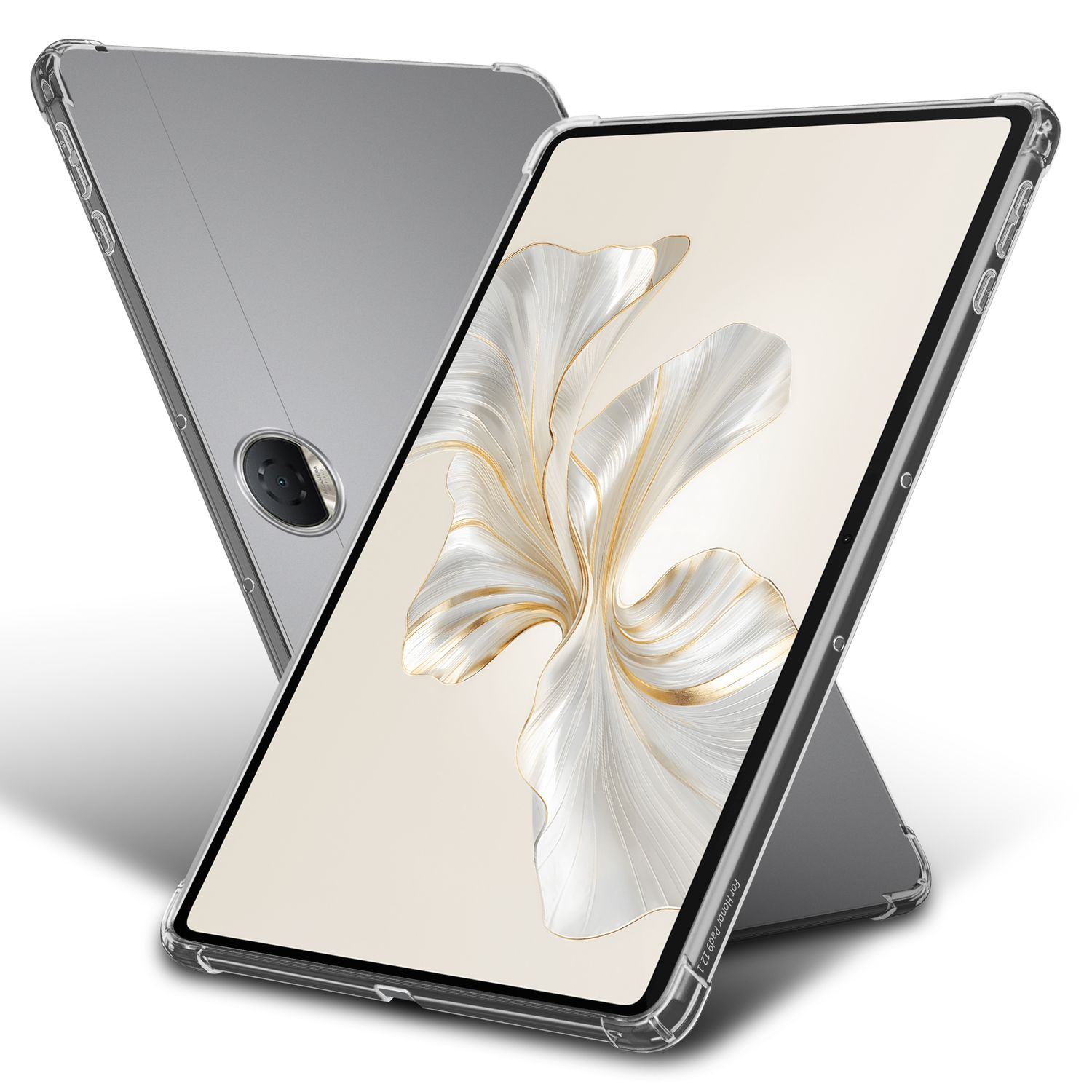 Ein transparentes Tablet in einer Hülle. Die Hülle ist klar mit einem Ständer.