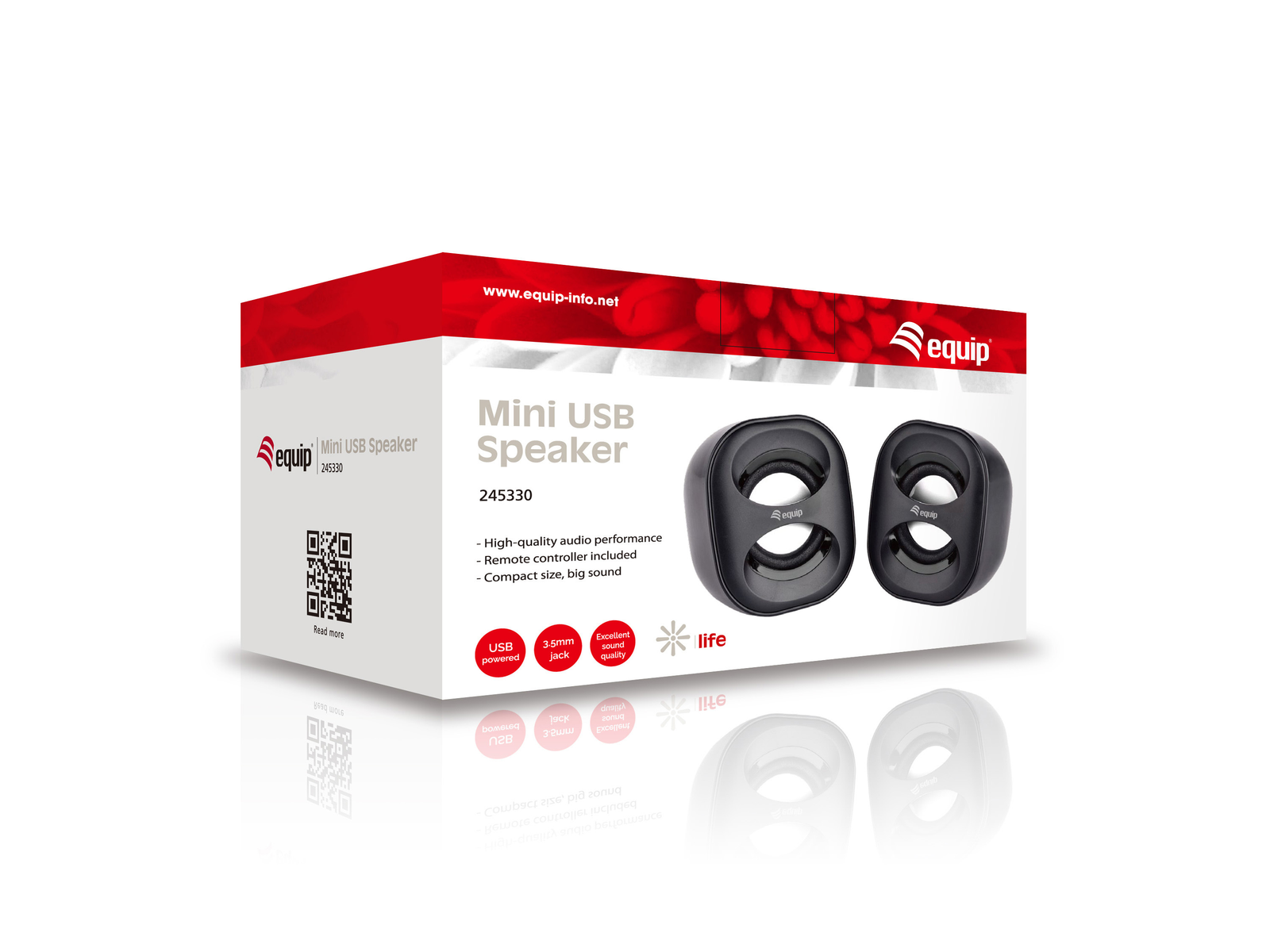 Caja de altavoces Mini USB. Se muestran dos altavoces negros. La caja tiene la marca 'equip' y detalles.