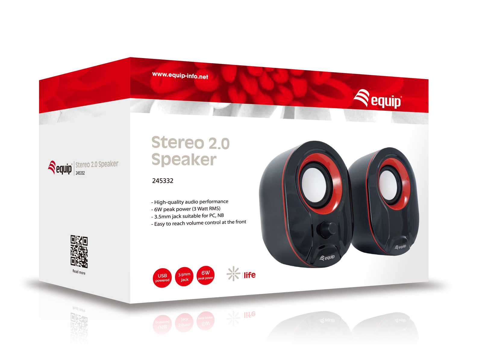 Una scatola con due altoparlanti stereo neri. La scatola ha la parte superiore rossa e i lati bianchi.