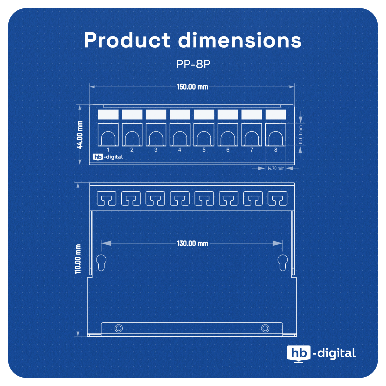 Technische Zeichnung eines Produkts mit Abmessungen und Anschlussbelegungen, beschriftet mit PP-8P, auf blauem Hintergrund.