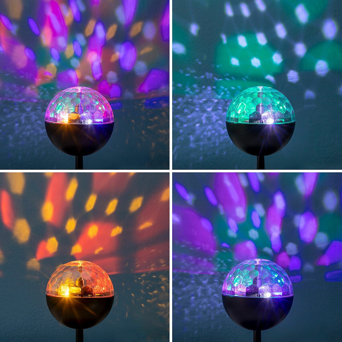 Vier Bilder einer Discokugel-ähnlichen Leuchte, jeweils mit unterschiedlichen Farbschemata: Lila, Grün, Orange und Blau.