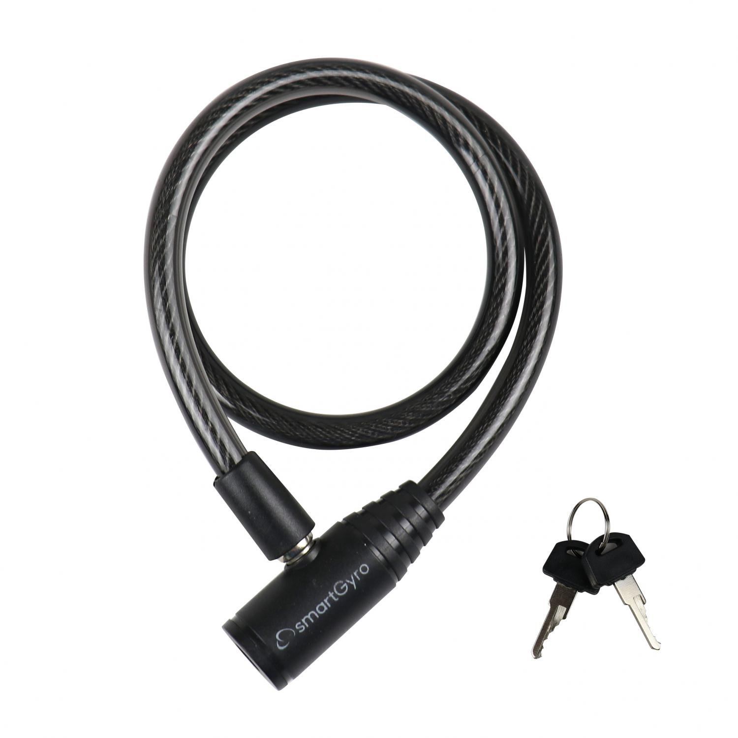 Candado de bicicleta negro enrollado con llaves, sobre fondo blanco. Marca SmartGyro.