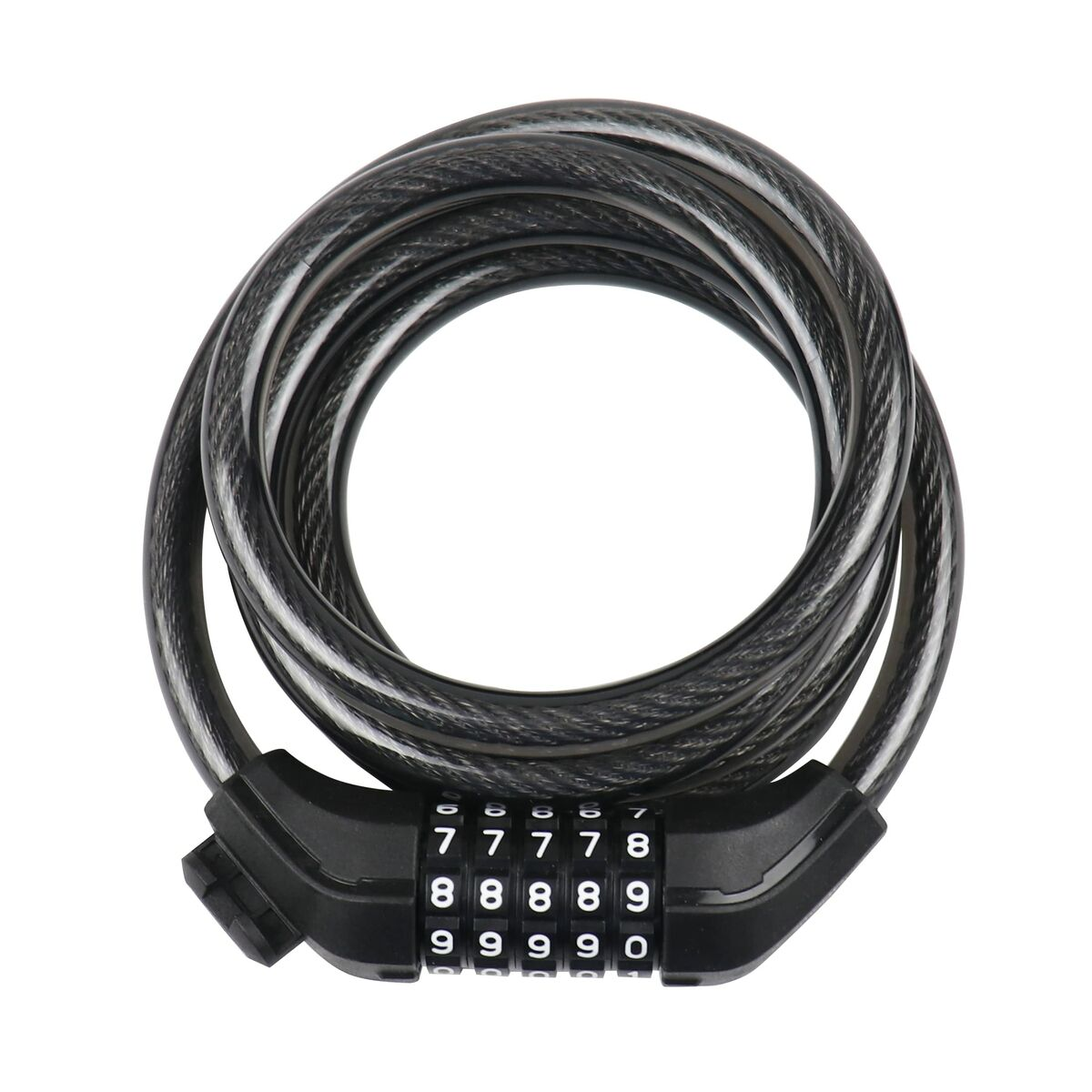 Candado de cable de combinación negra con un dial de combinación. Los números mostrados son 7777.