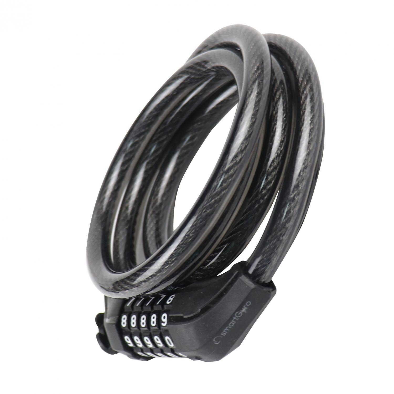Candado de bicicleta negro con dial de combinación, enrollado.