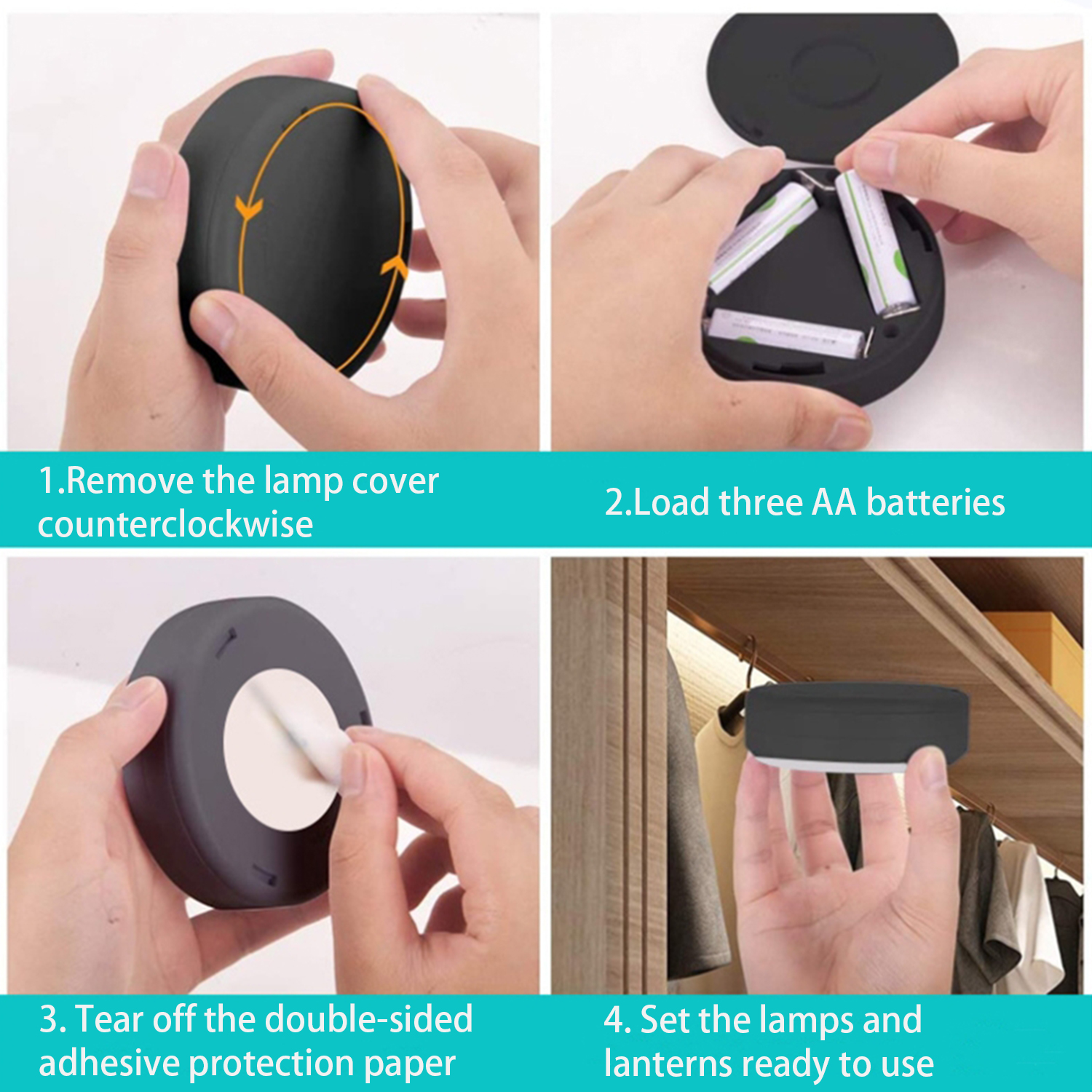 Instrukcje dotyczące instalacji lampy. Kroki obejmują usunięcie pokrywy, załadowanie baterii i przyklejenie.