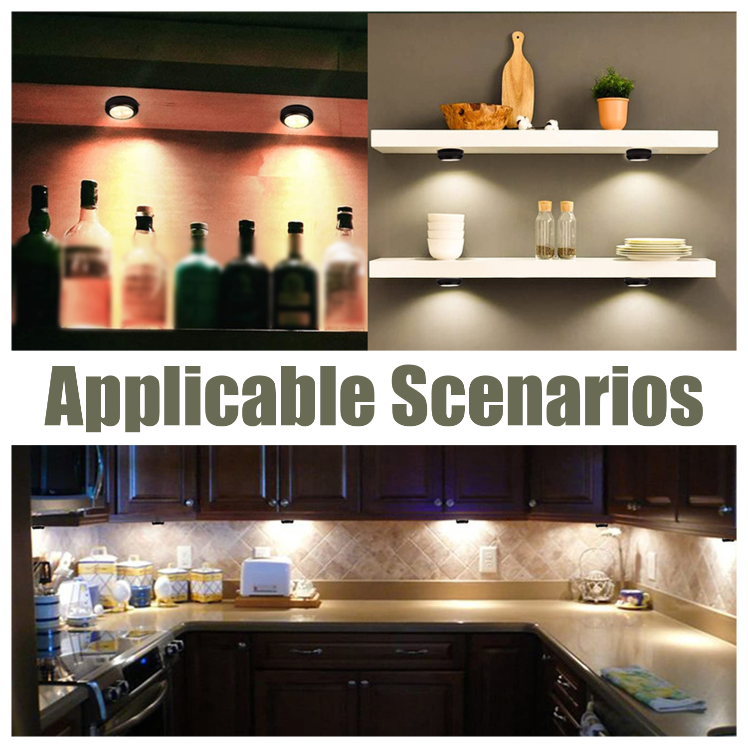 Wiele scen z oświetleniem w różnych ustawieniach, kuchnia, półki i dekoracje.