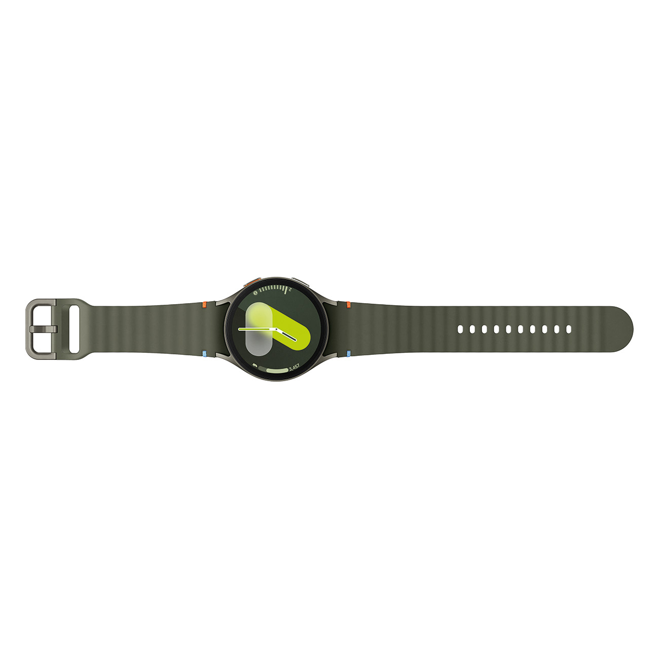 Groene en zwarte smartwatch met een groene band. Het horloge staat in het midden.