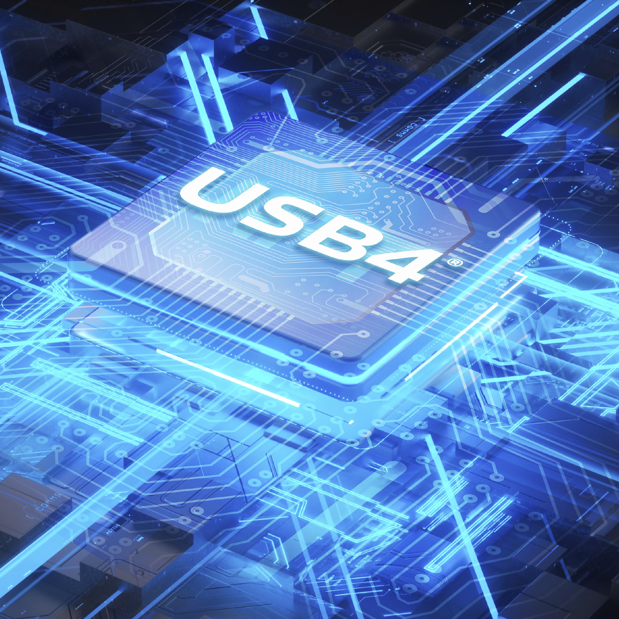 Blaue Leiterplatte mit einem USB4-Logo.