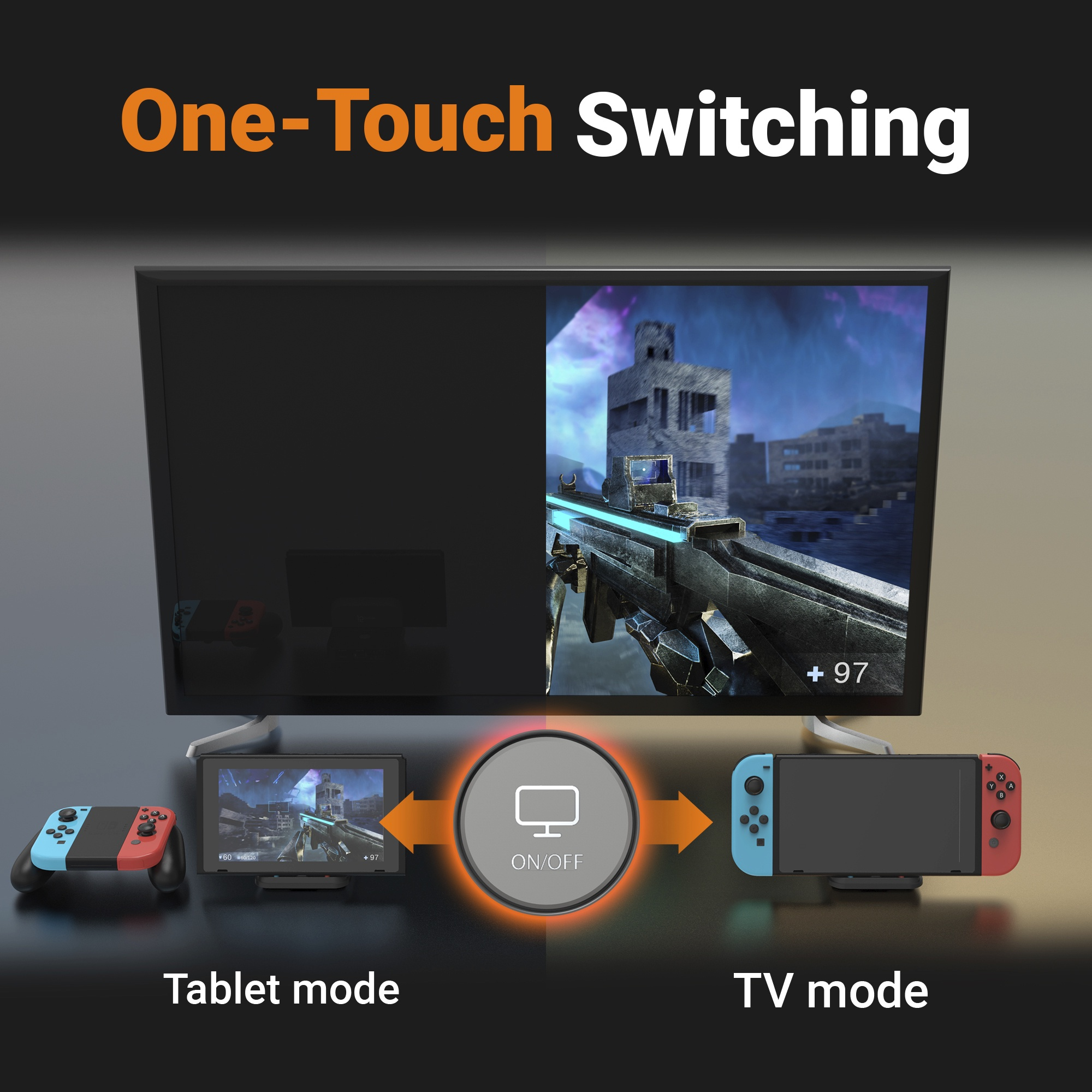 Ein Fernseher ist eingeschaltet, ein Spiel wird angezeigt. Zwei Gamecontroller werden vor dem Fernseher gezeigt.
