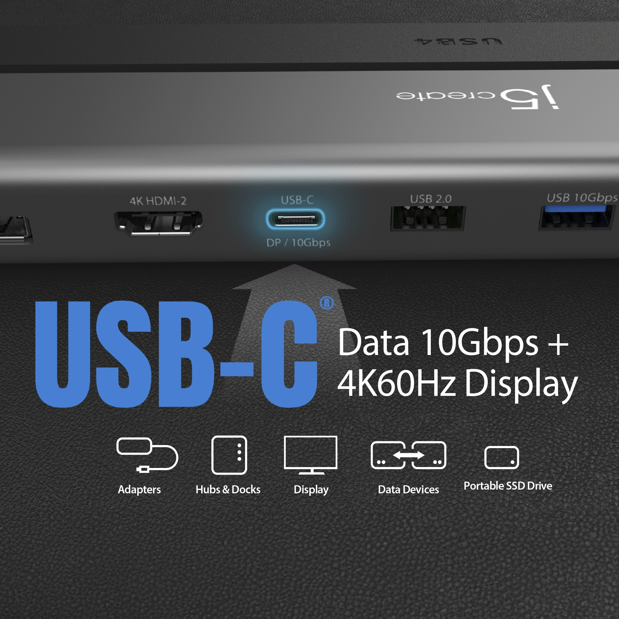 Ein schwarzer USB-C-Hub mit mehreren Anschlüssen. Text hebt USB-C, Datenübertragung und Display hervor.