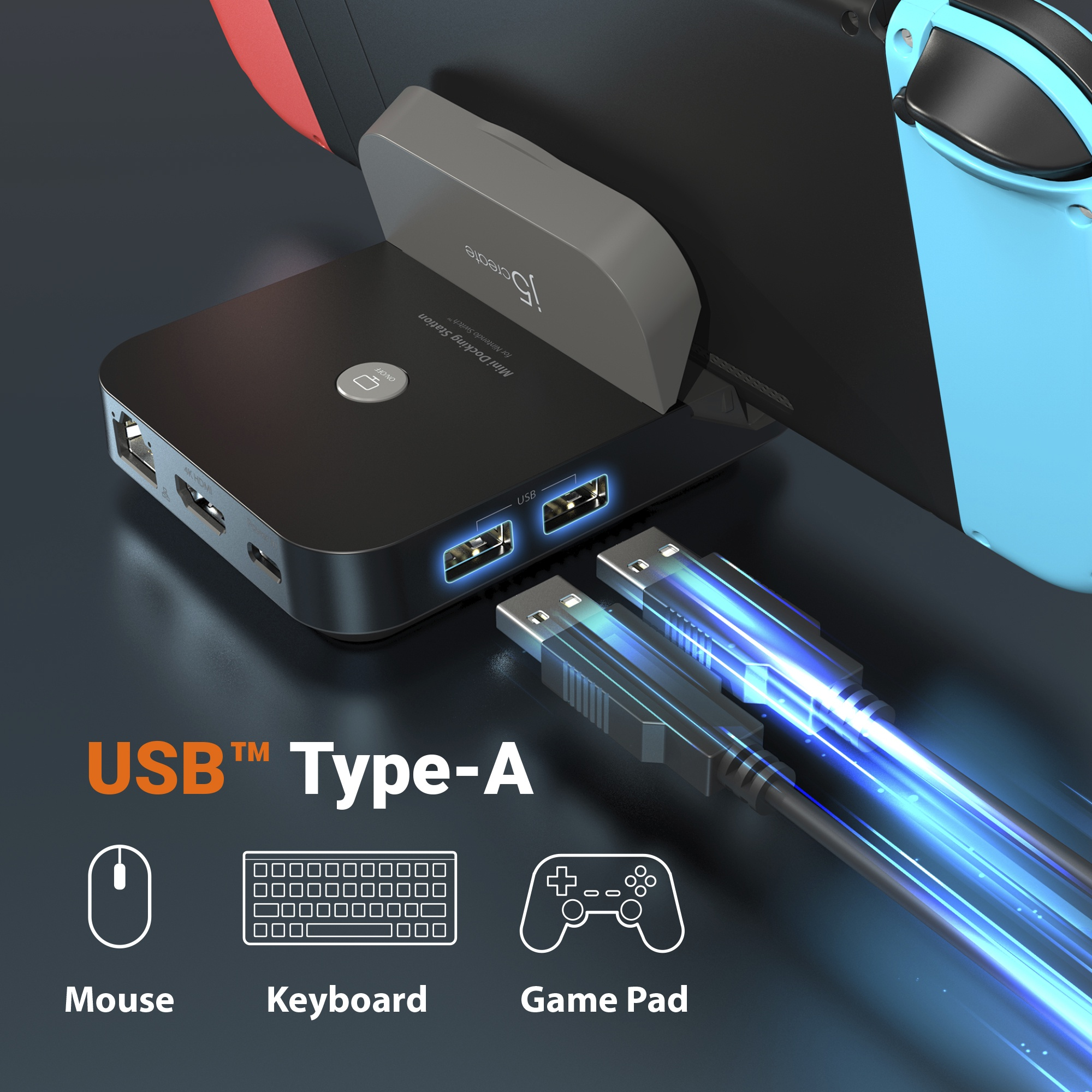 Schwarze Dockingstation mit USB-Typ-A-Anschlüssen und Ladestation für eine Spielekonsole.