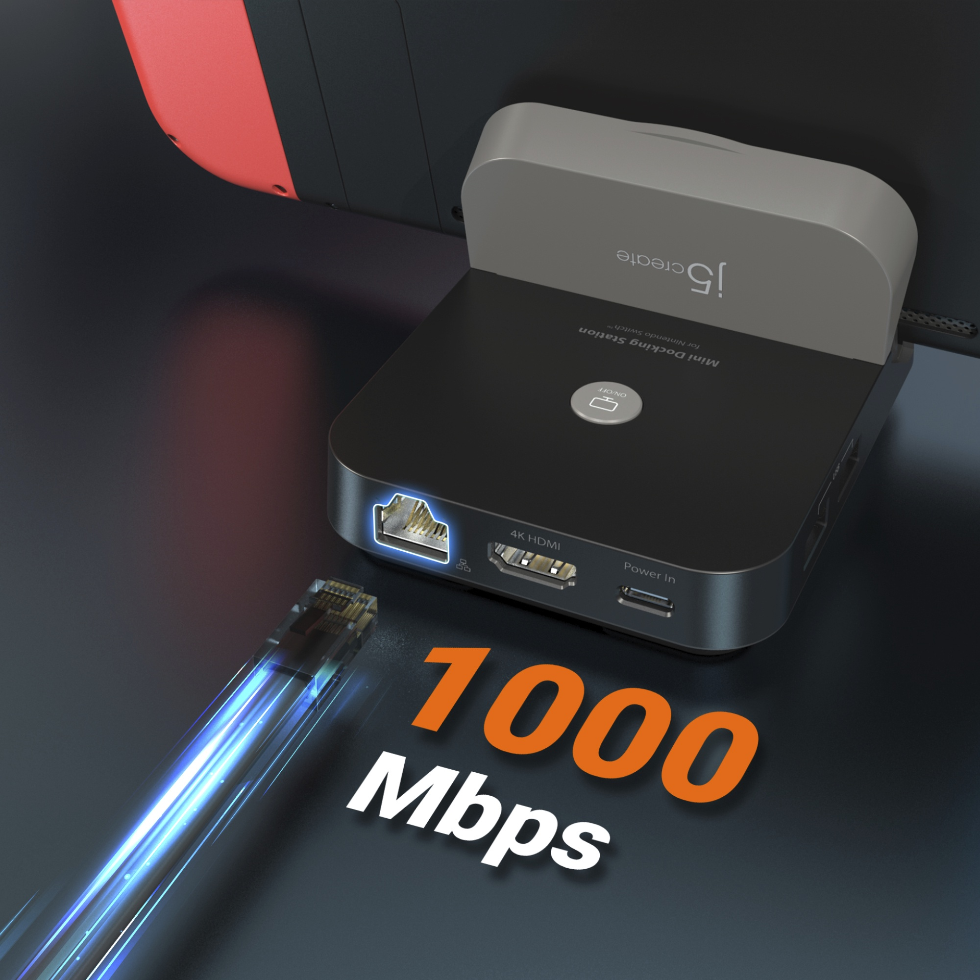 Eine schwarze Dockingstation mit angeschlossenem Kabel, die 1000 Mbit/s anzeigt.