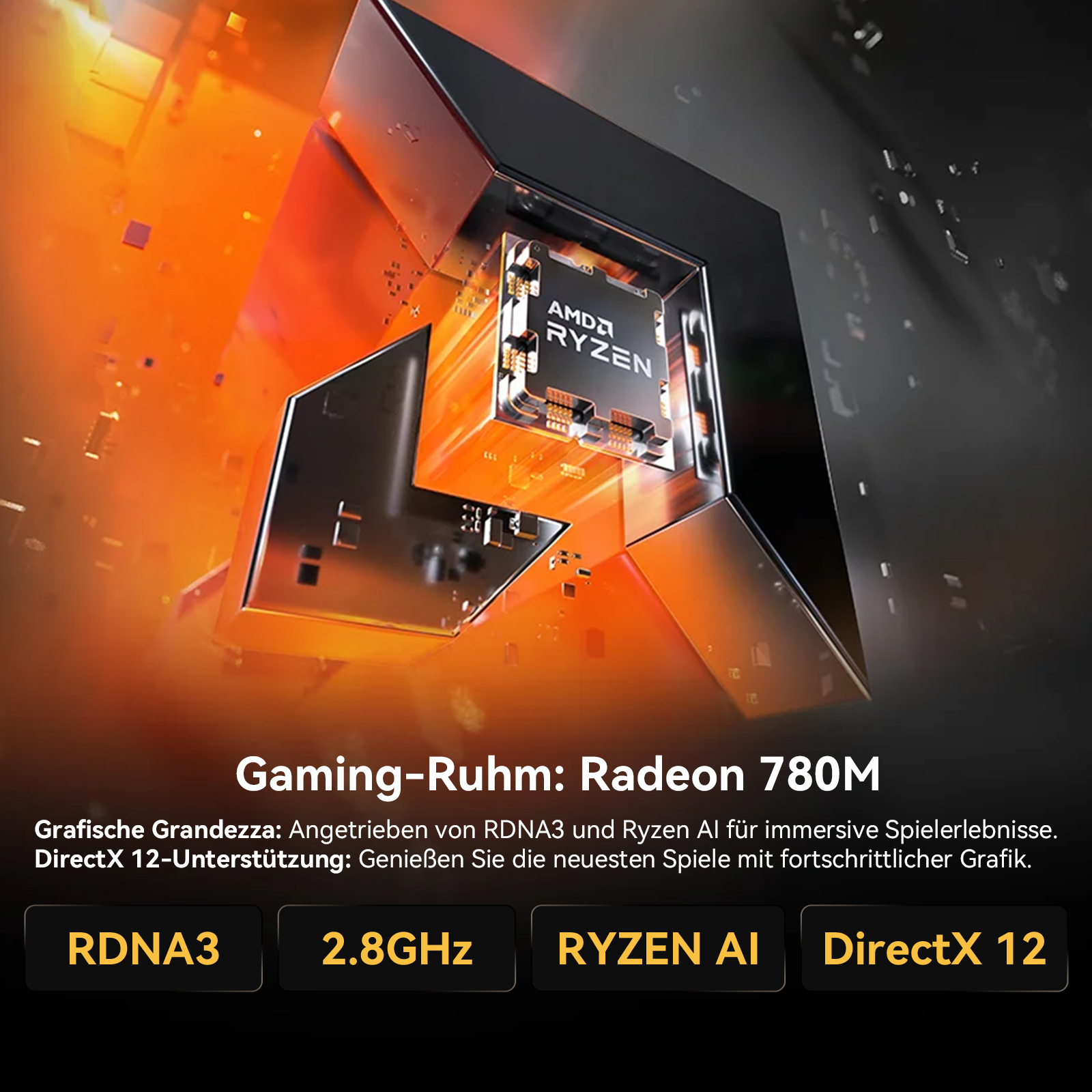 Nahaufnahme einer Computerkomponente mit AMD Ryzen-Label, mit Text: Gaming-Ruhm: Radeon 780M.