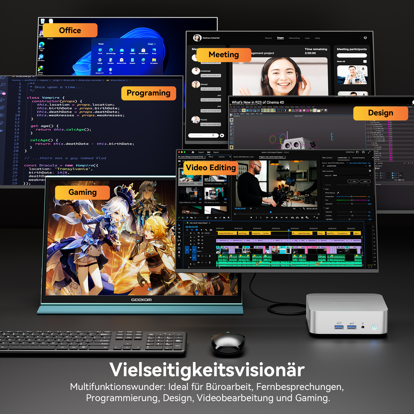 Ein Computerbildschirm zeigt mehrere Fenster für Büro, Programmierung, Gaming, Videobearbeitung und Design.
