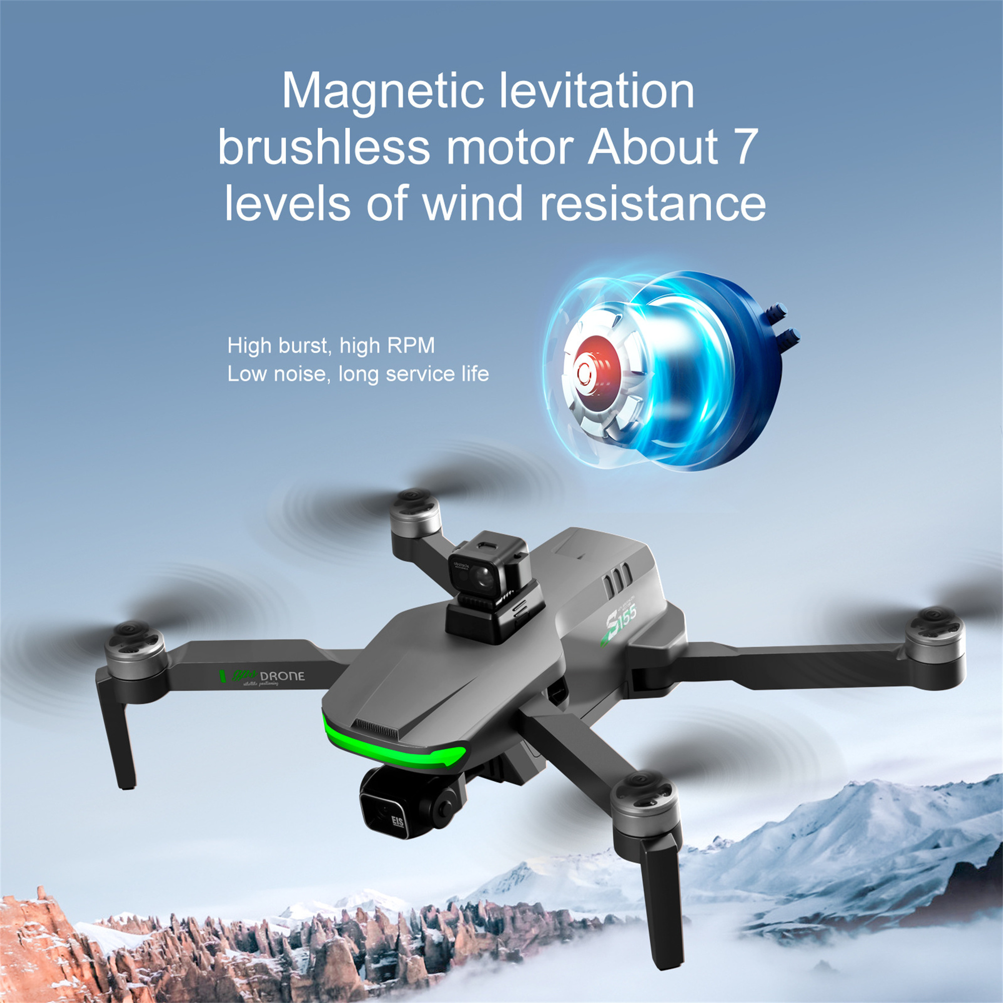 Drohne im Flug mit blauem Motor. Text: Magnetische Levitation bürstenloser Motor. Etwa 7 Windwiderstandsstufen.