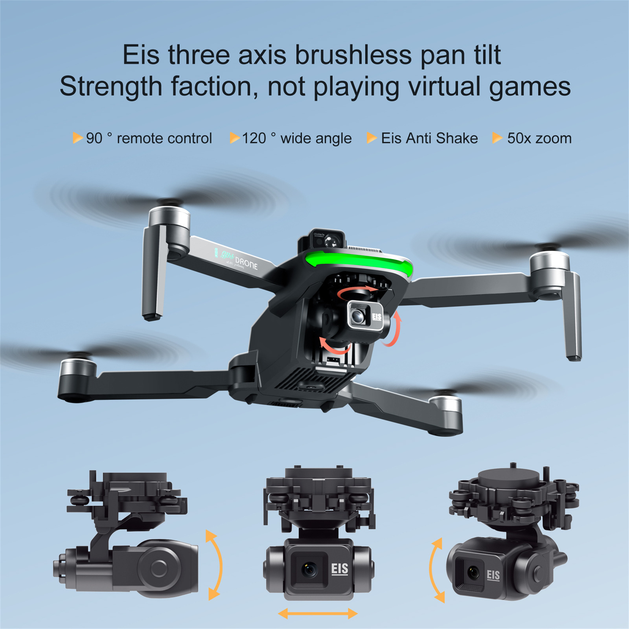 Eine schwarze Drohne mit drei verschiedenen Gimbal-Optionen, die ihre Funktionen zeigt.