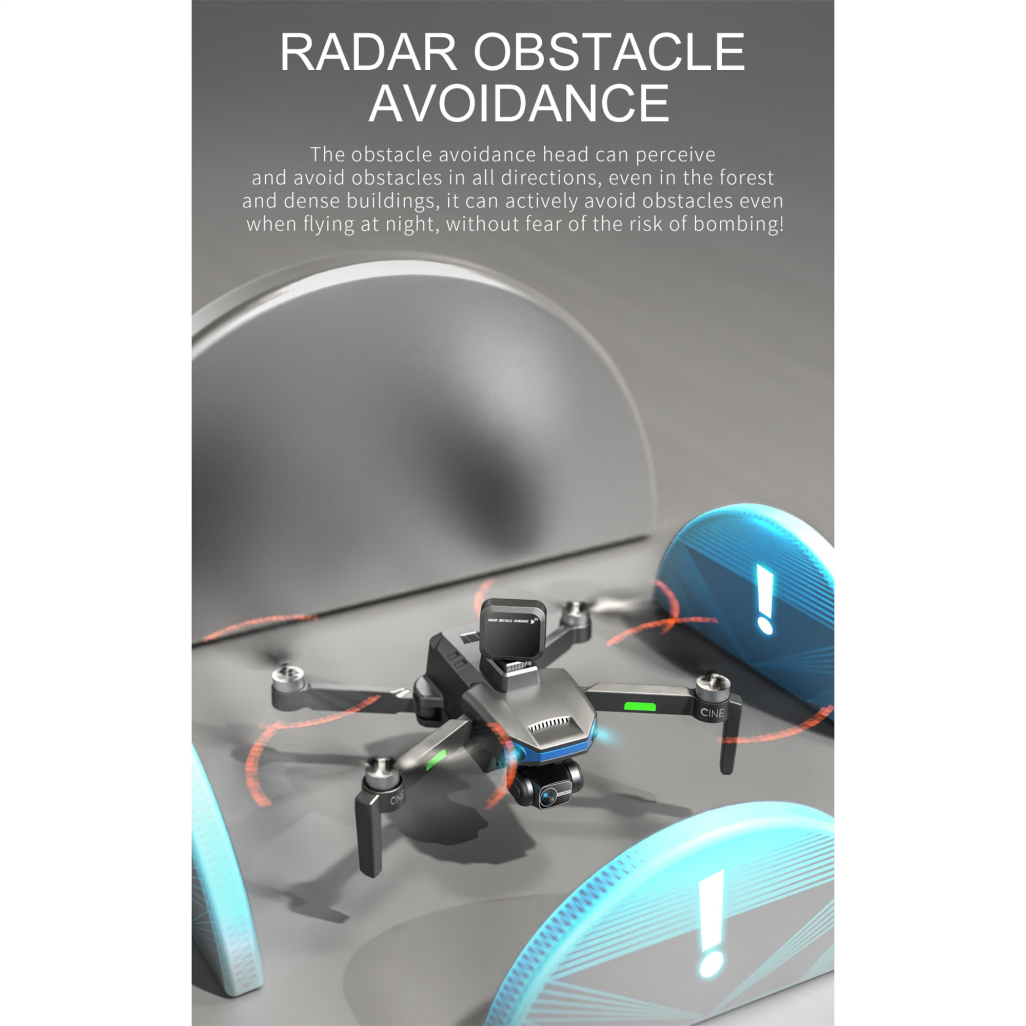 Eine Drohne mit vier Propellern. Text lautet 'Radar Hindernisvermeidung'.