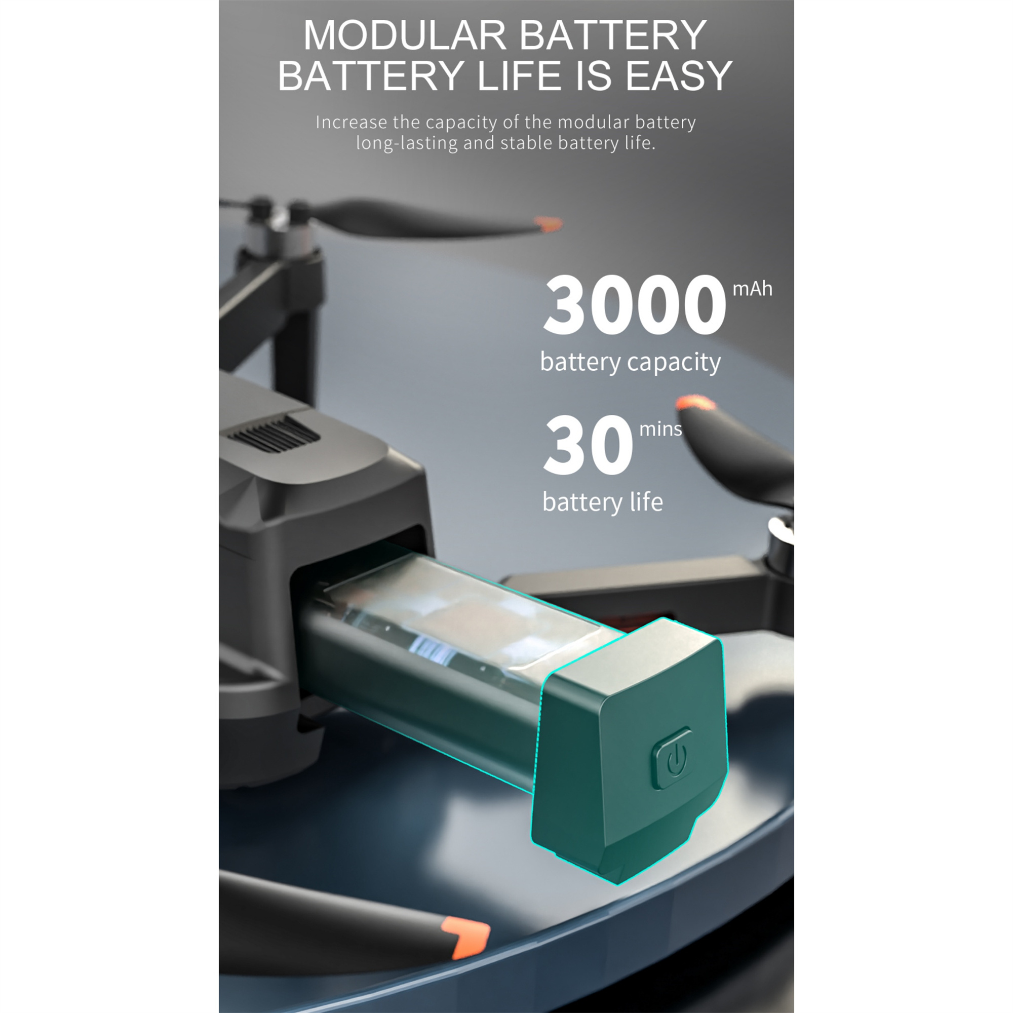 Drohnen-Akku mit 3000 mAh Kapazität und 30 Min. Laufzeit. Text: 'MODULAR BATTERY BATTERY LIFE IS EASY'.