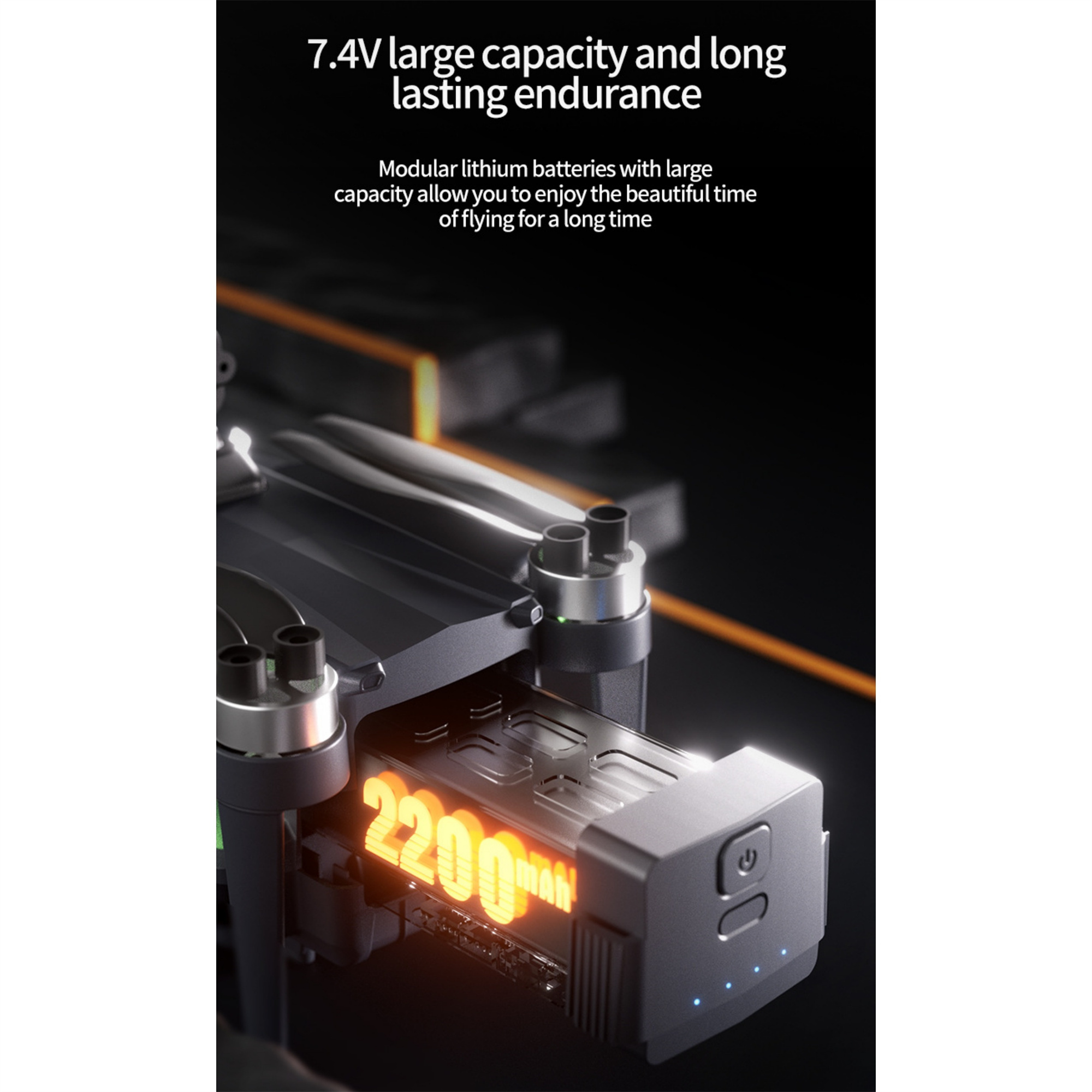Drohnen-Batteriefach mit 2200mAh. Mit Ein-/Aus-Taste und Ladeanzeigen.