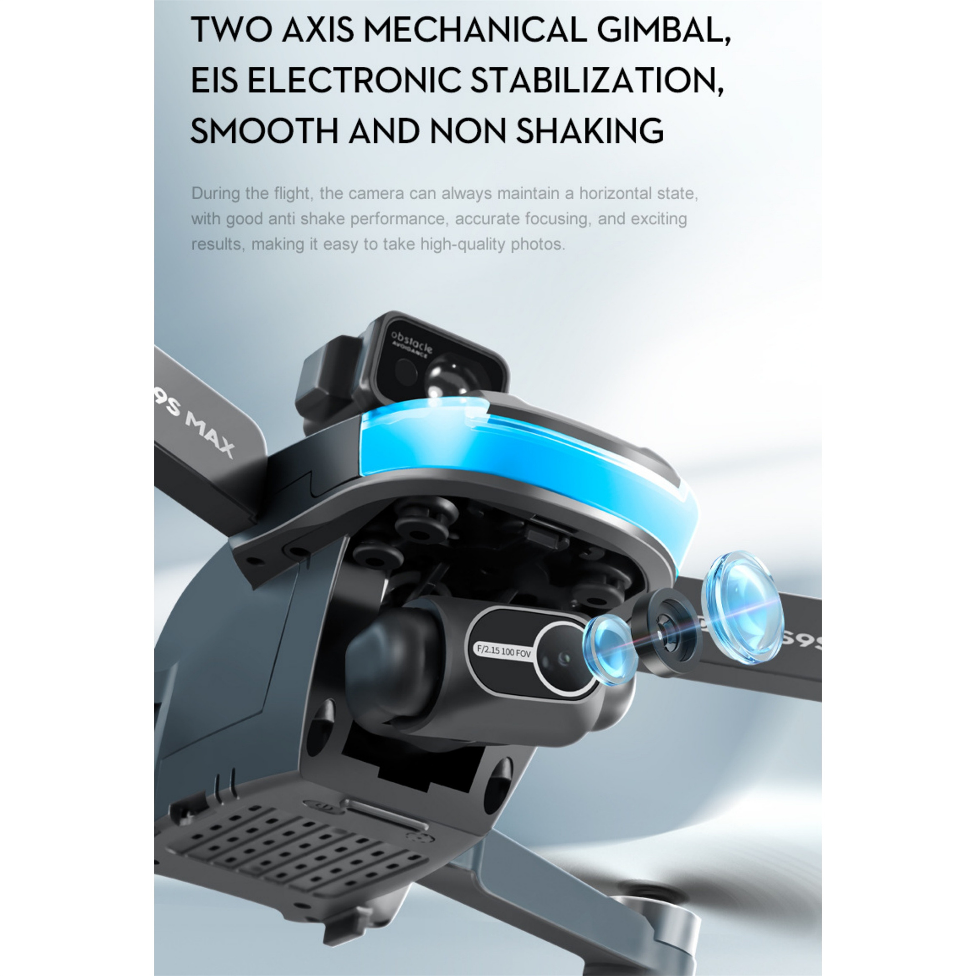 Drohne mit zwei Kameras, Text über mechanische Kardanaufhängung, elektronische Stabilisierung und ruhigen Flug.