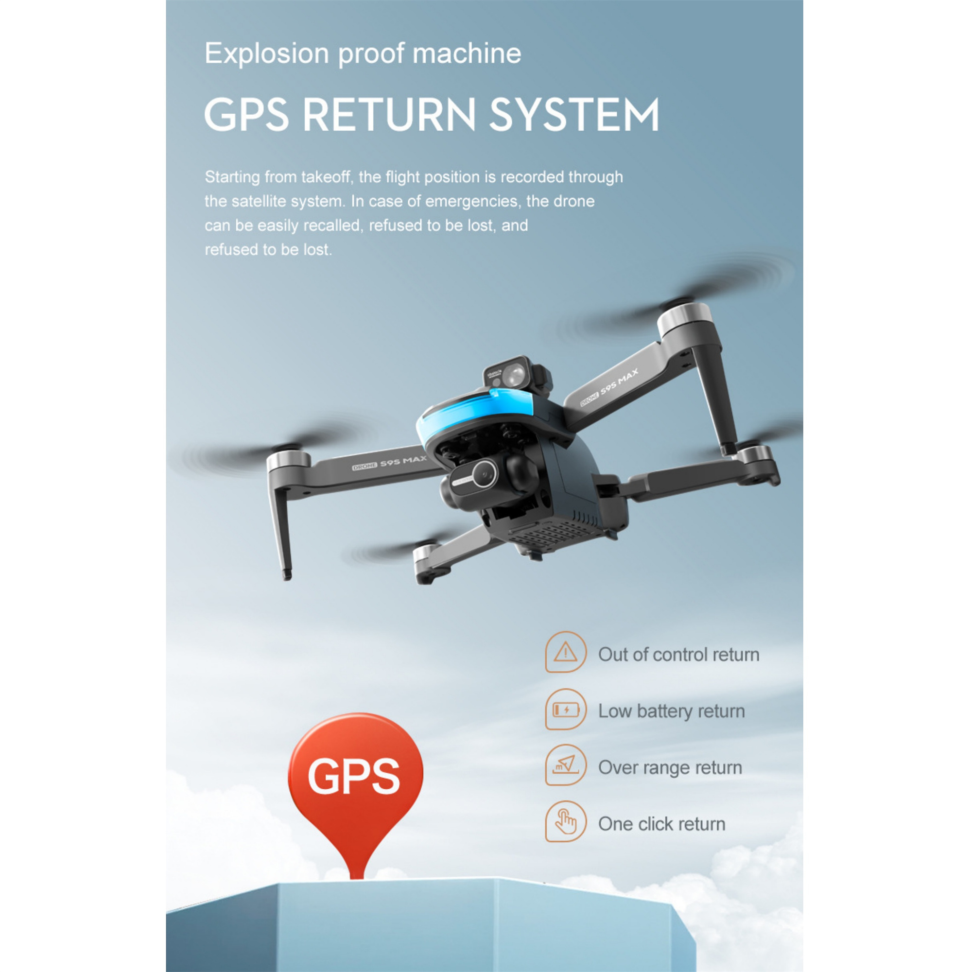 Eine Drohne im Flug mit einem GPS-Rückkehrsystem-Konzept. Die Drohne hat ein blaues Licht oben.