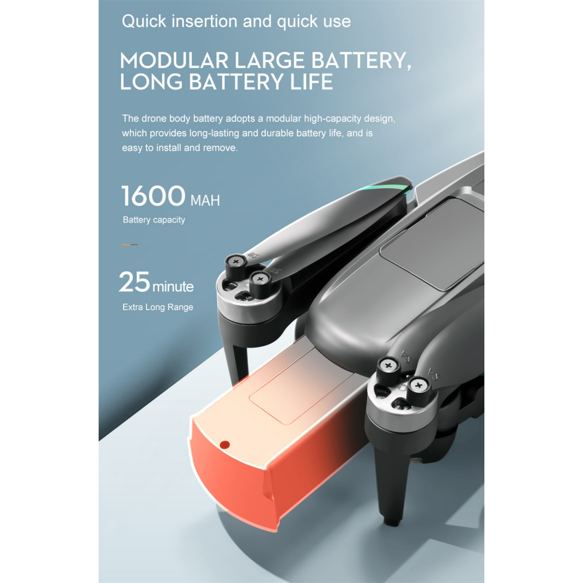 Drohne mit schwarzen Armen und orangefarbener Batterieabdeckung. Text über Batteriekapazität und Reichweite.