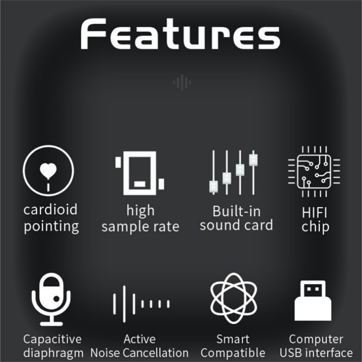 Symbole mit Funktionen wie: Nierencharakteristik, hohe Abtastrate, Soundkarte und USB-Schnittstelle.