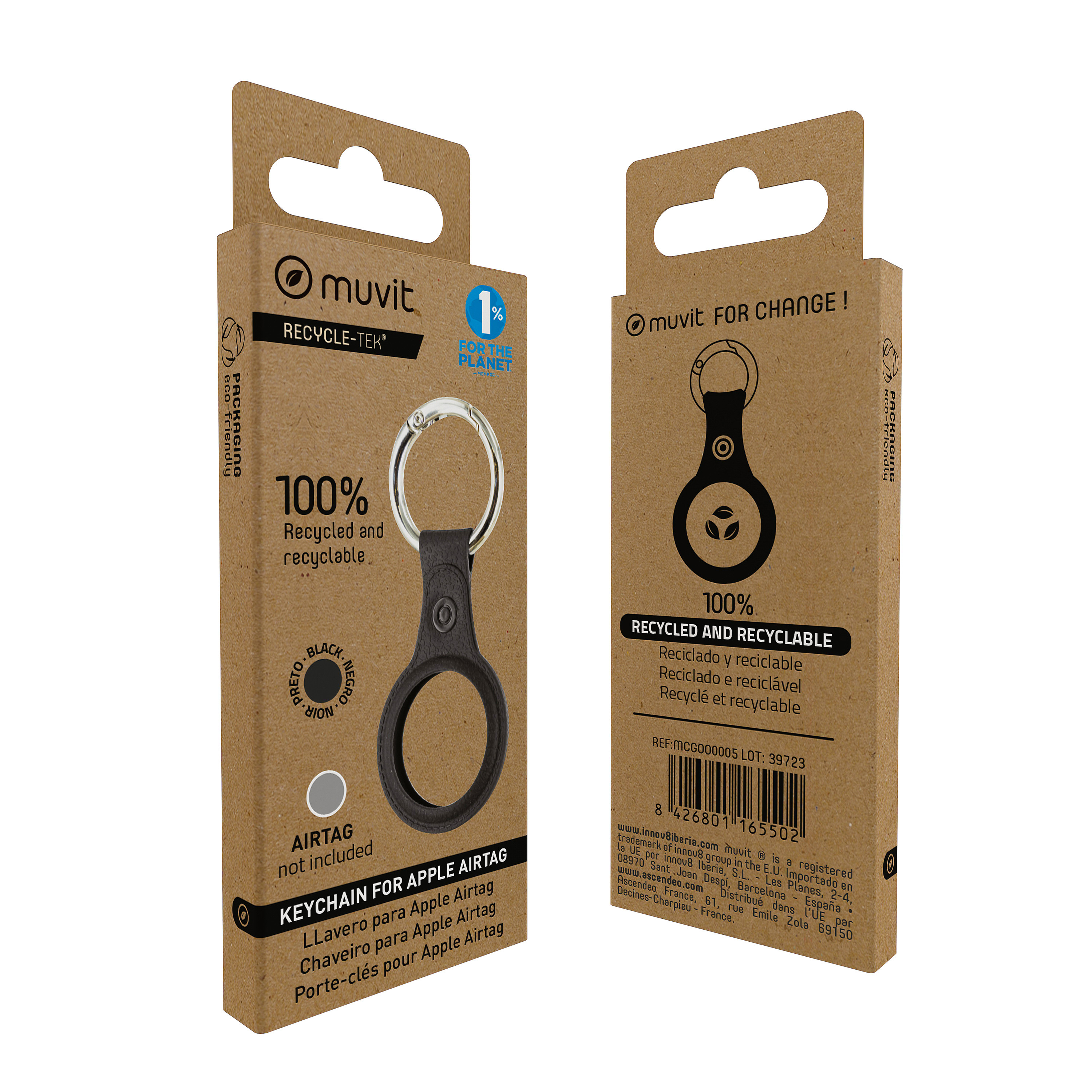 Dos cajas. Una con un llavero AirTag negro. Texto: Reciclado y reciclable, para el planeta.