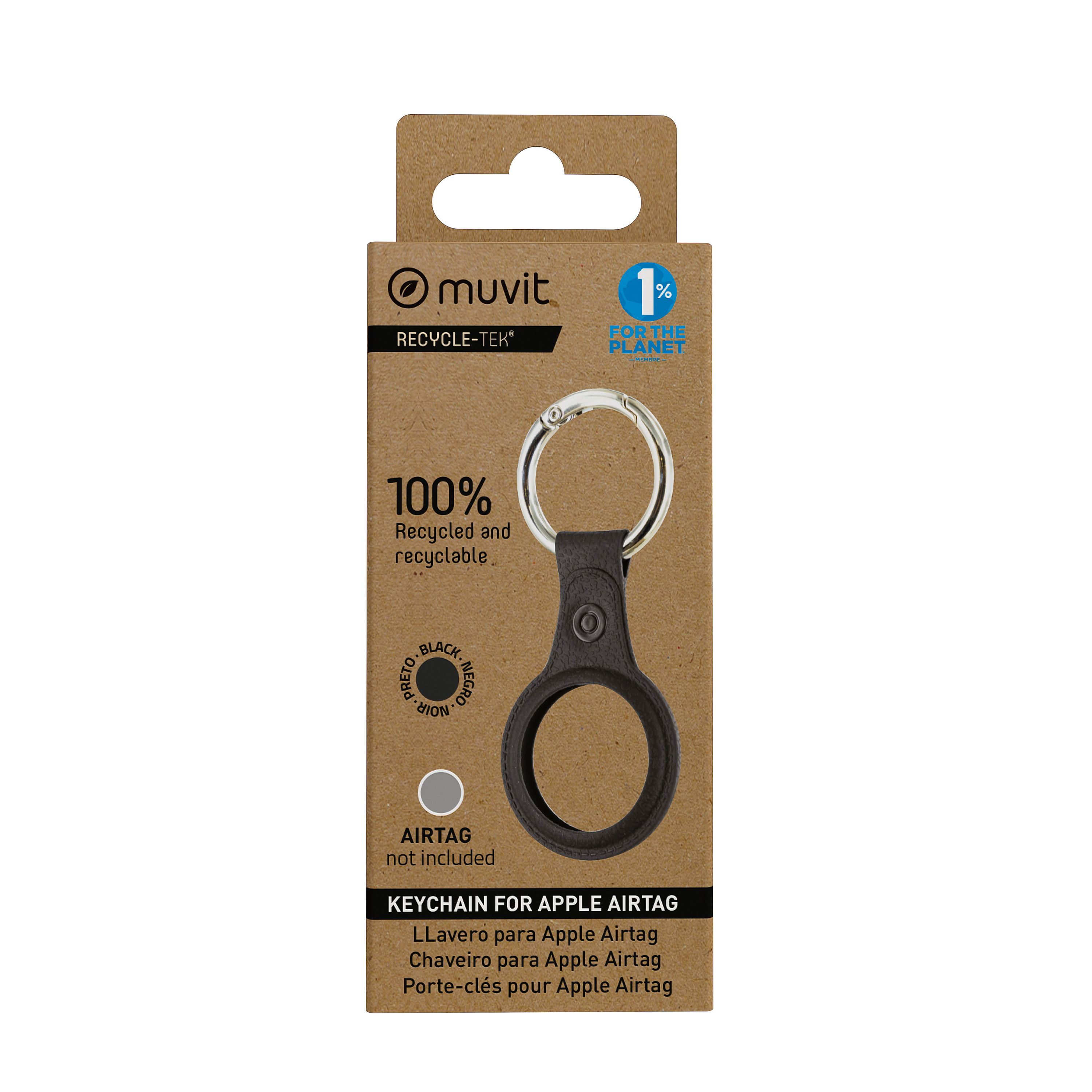Soporte AirTag negro en embalaje, con un anillo plateado. Texto: 'KeyChain'.