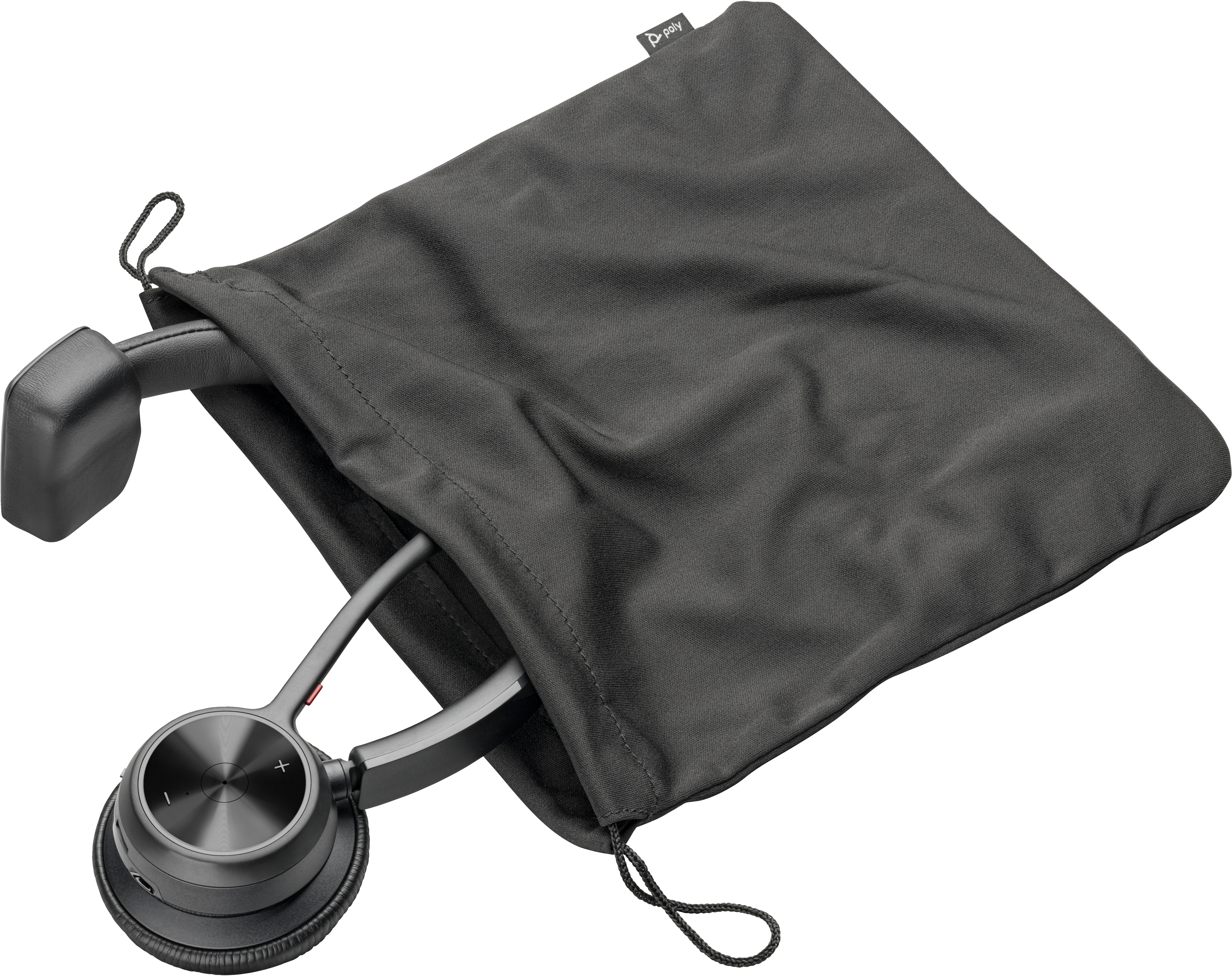 Słuchawki w czarnej torbie ze sznurkiem. Torba jest oznaczona napisem 'poly'. Słuchawki są szare.