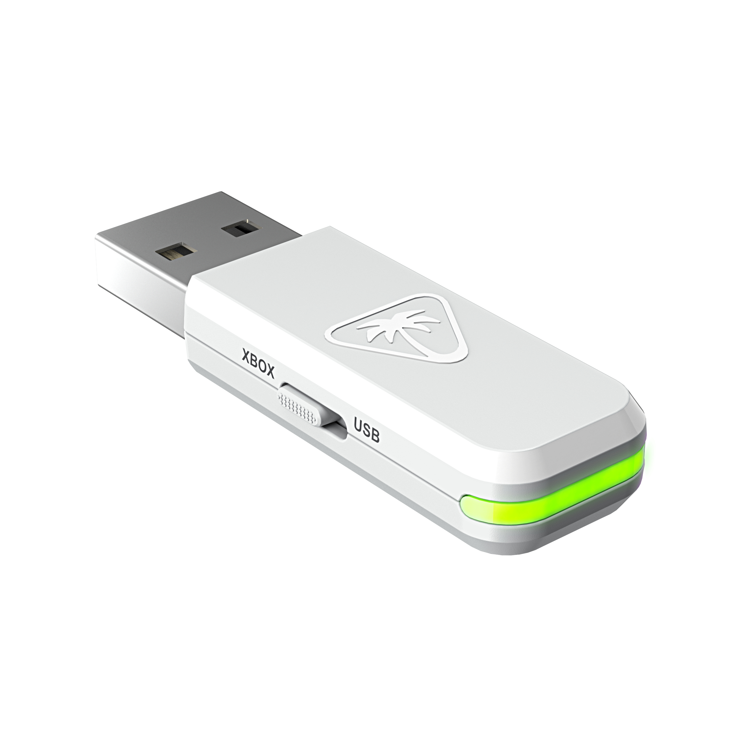Biały adapter USB Xbox. Ma przełącznik Xbox/USB i zielone światło.
