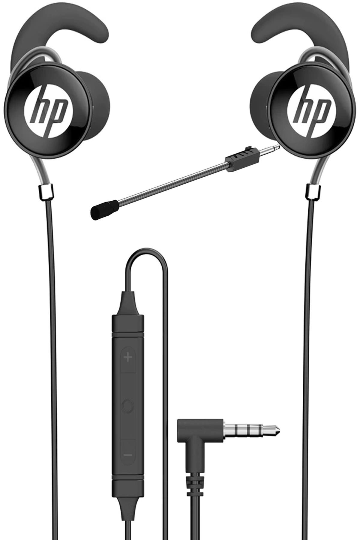 Auriculares HP negros con micrófono. Tienen ganchos para las orejas y un módulo de control.