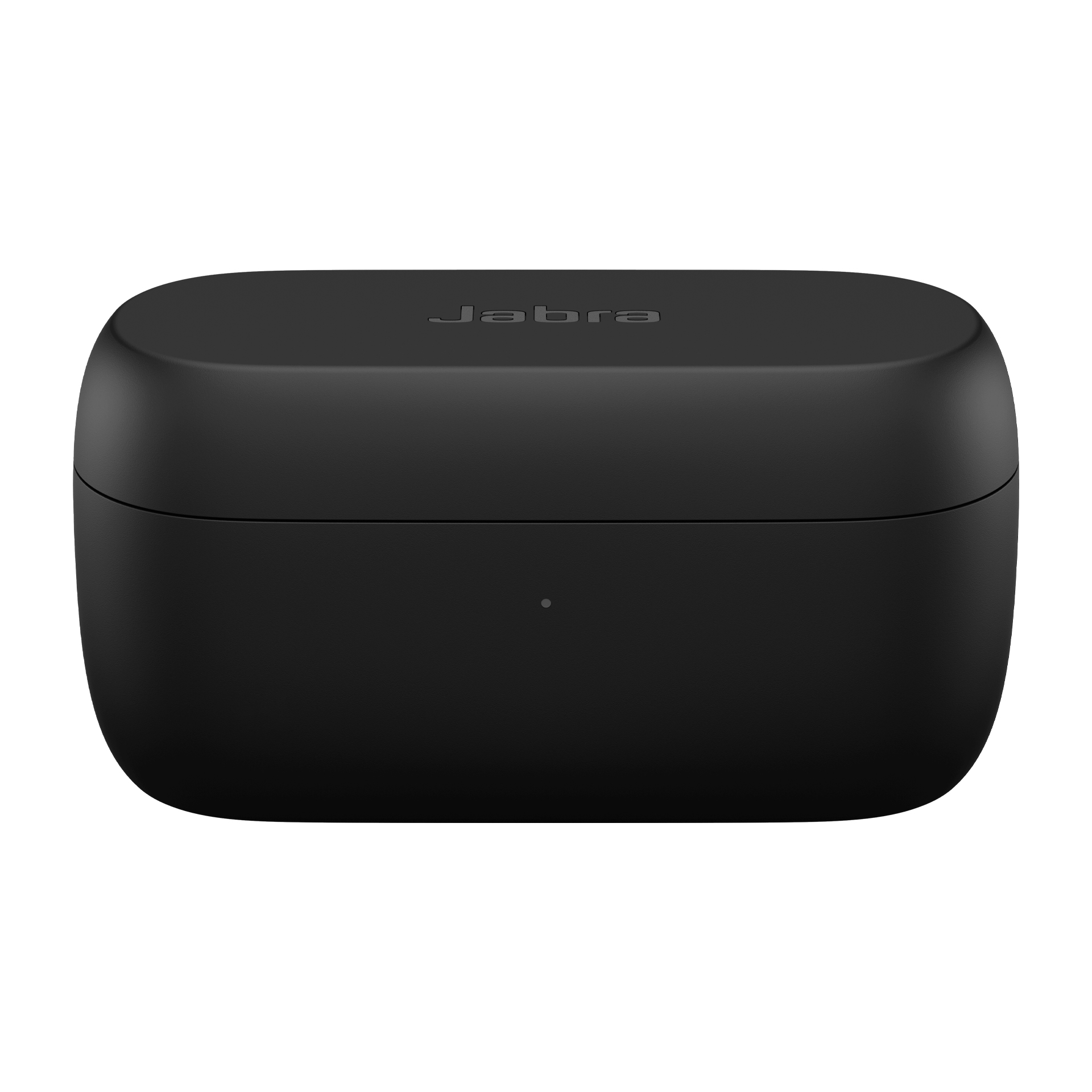 Czarny futerał ładujący Jabra. Na górze logo Jabra. Mała kropka z przodu wskazuje ładowanie.