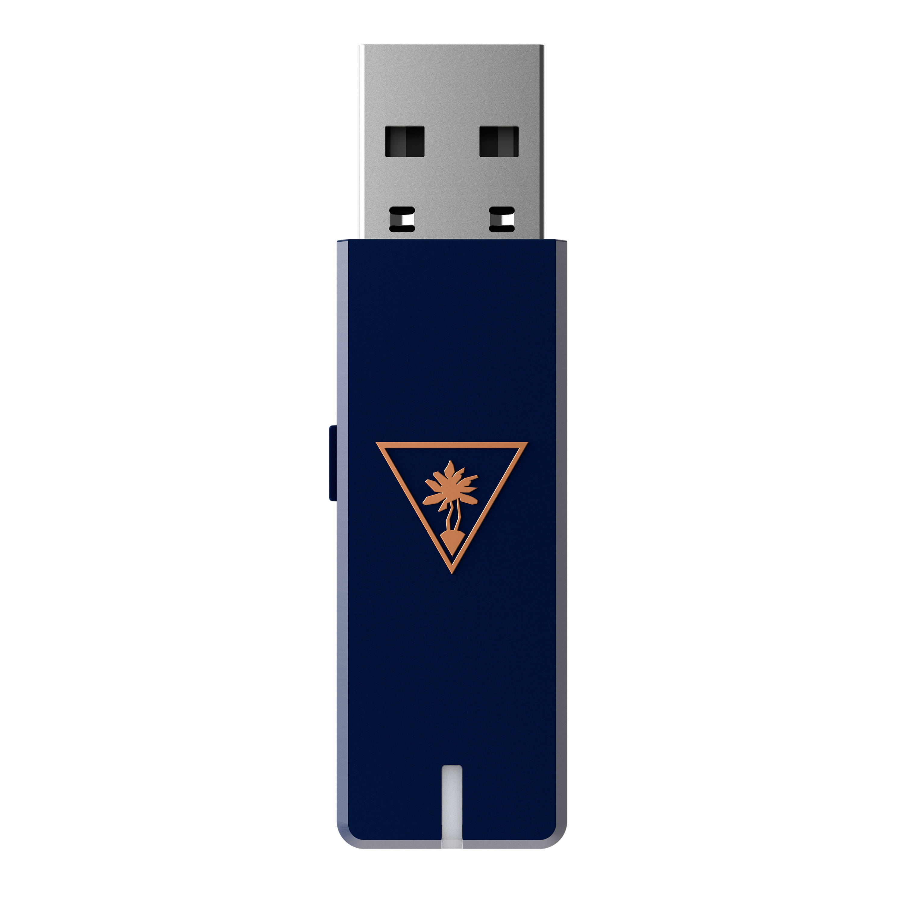 Granatowy odbiornik USB ze złotym logo i srebrnym złączem USB.