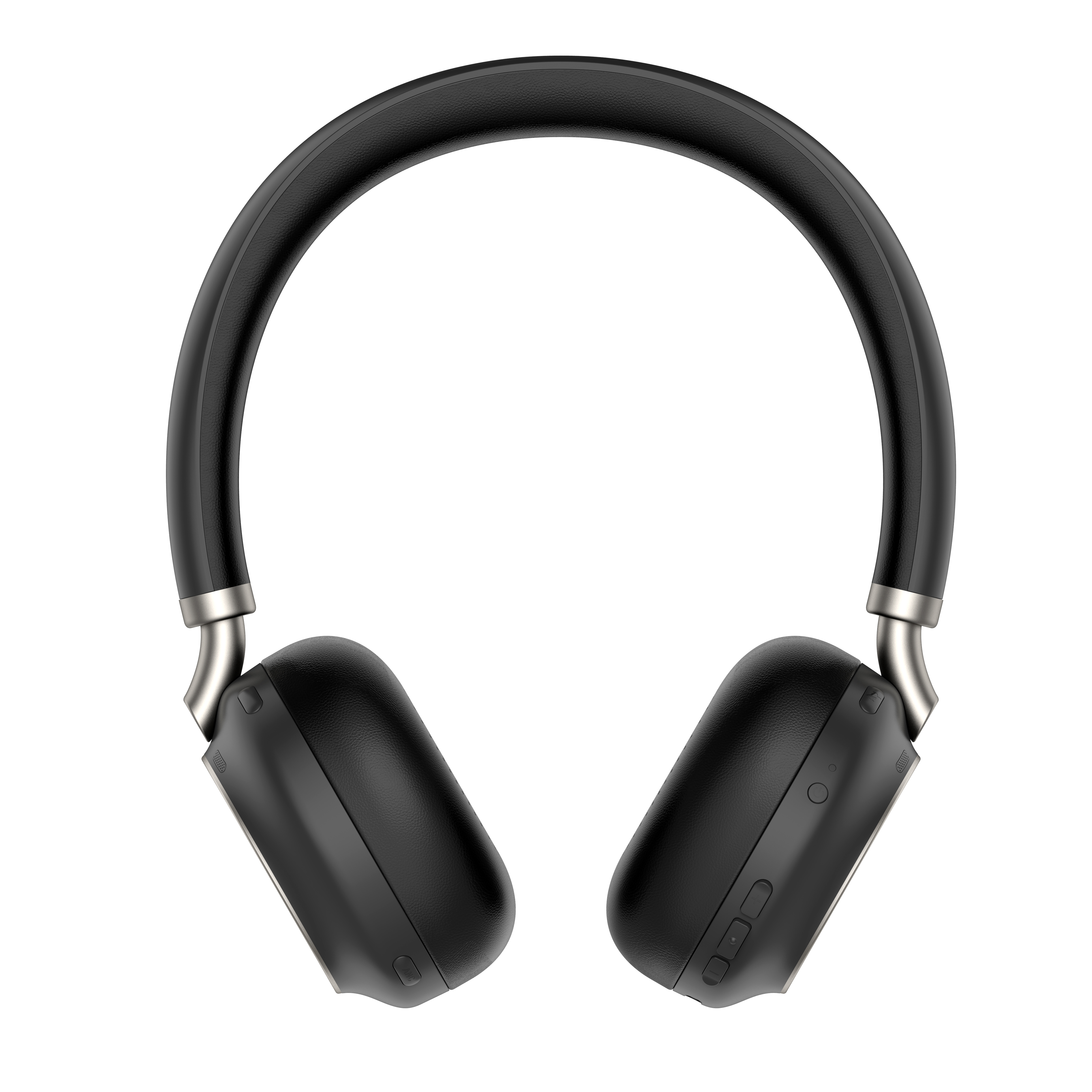 Cuffie over-ear nere con dettagli argentati. Le cuffie sono in un ambiente studio, isolate su sfondo bianco.