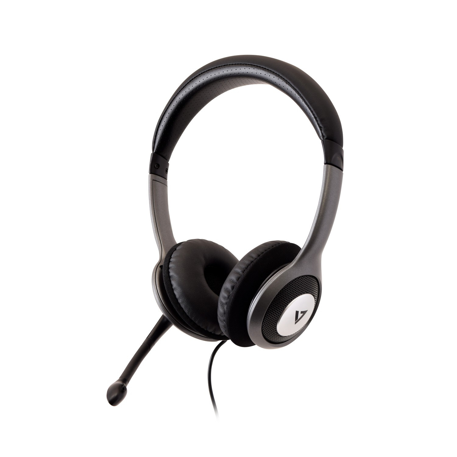 Cuffie nere con microfono e controllo del volume. Le cuffie sono su sfondo bianco.