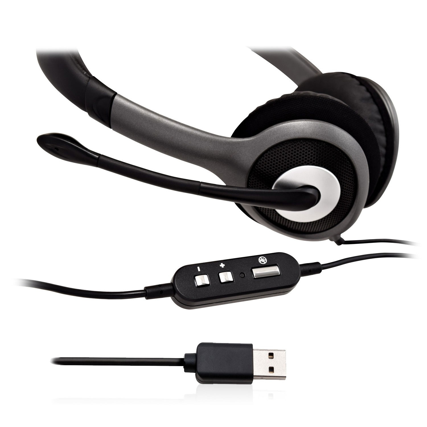 Cuffie con microfono, pulsanti di controllo e connettore USB.