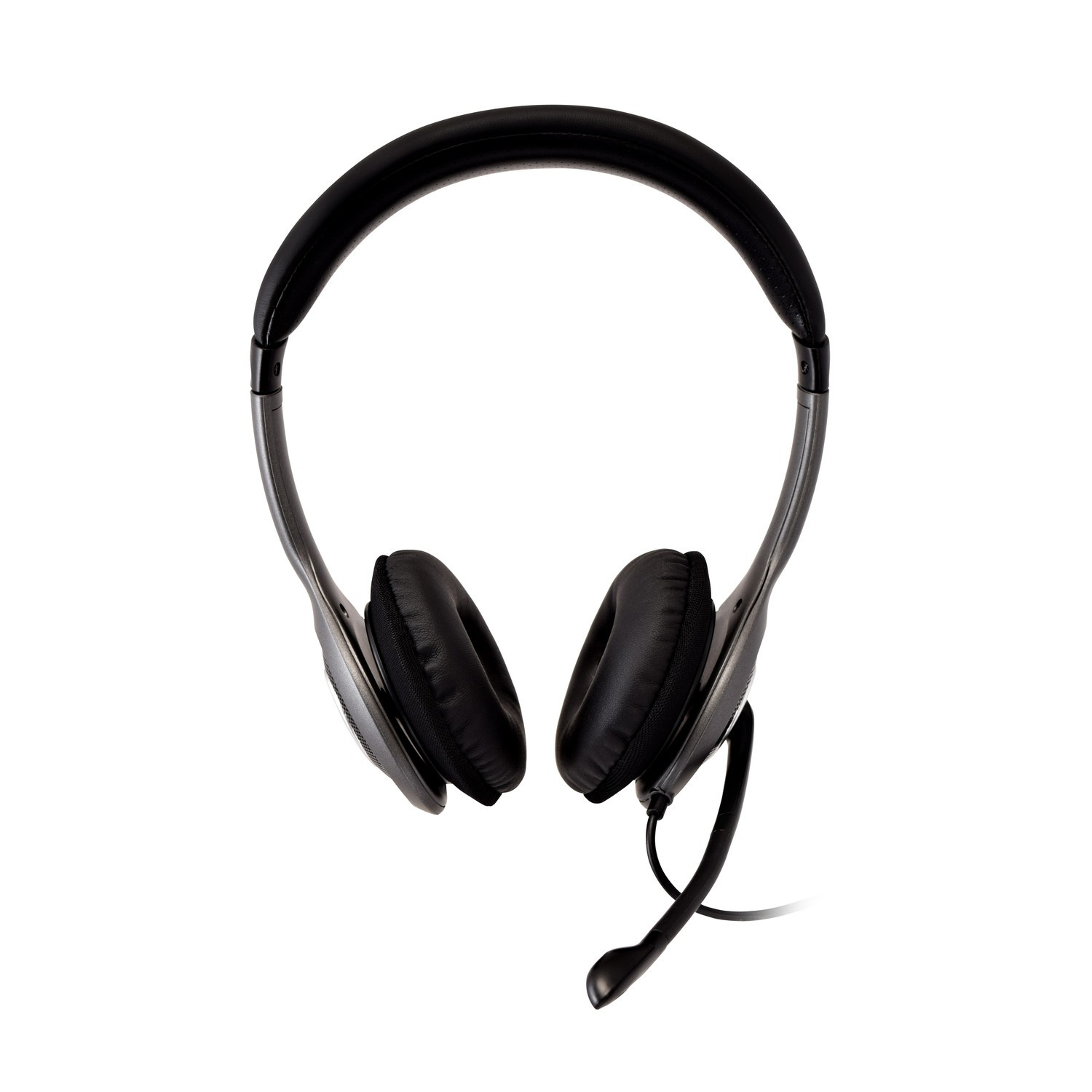 Cuffie over-ear con microfono. Le cuffie sono nere, con cuscinetti e fascia imbottiti.
