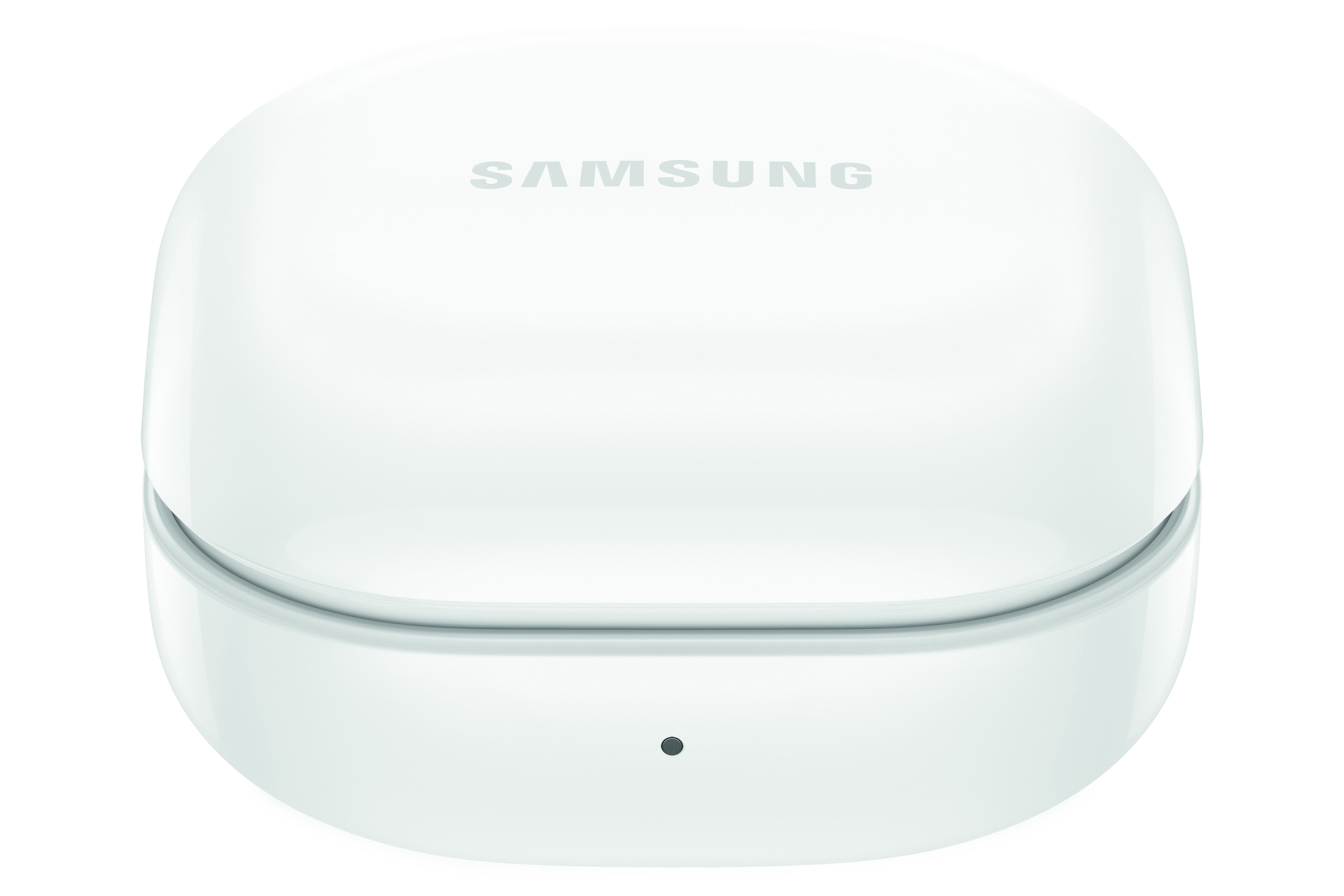 Białe etui ładujące do słuchawek, z logo Samsung na górze. Prosty i czysty design.