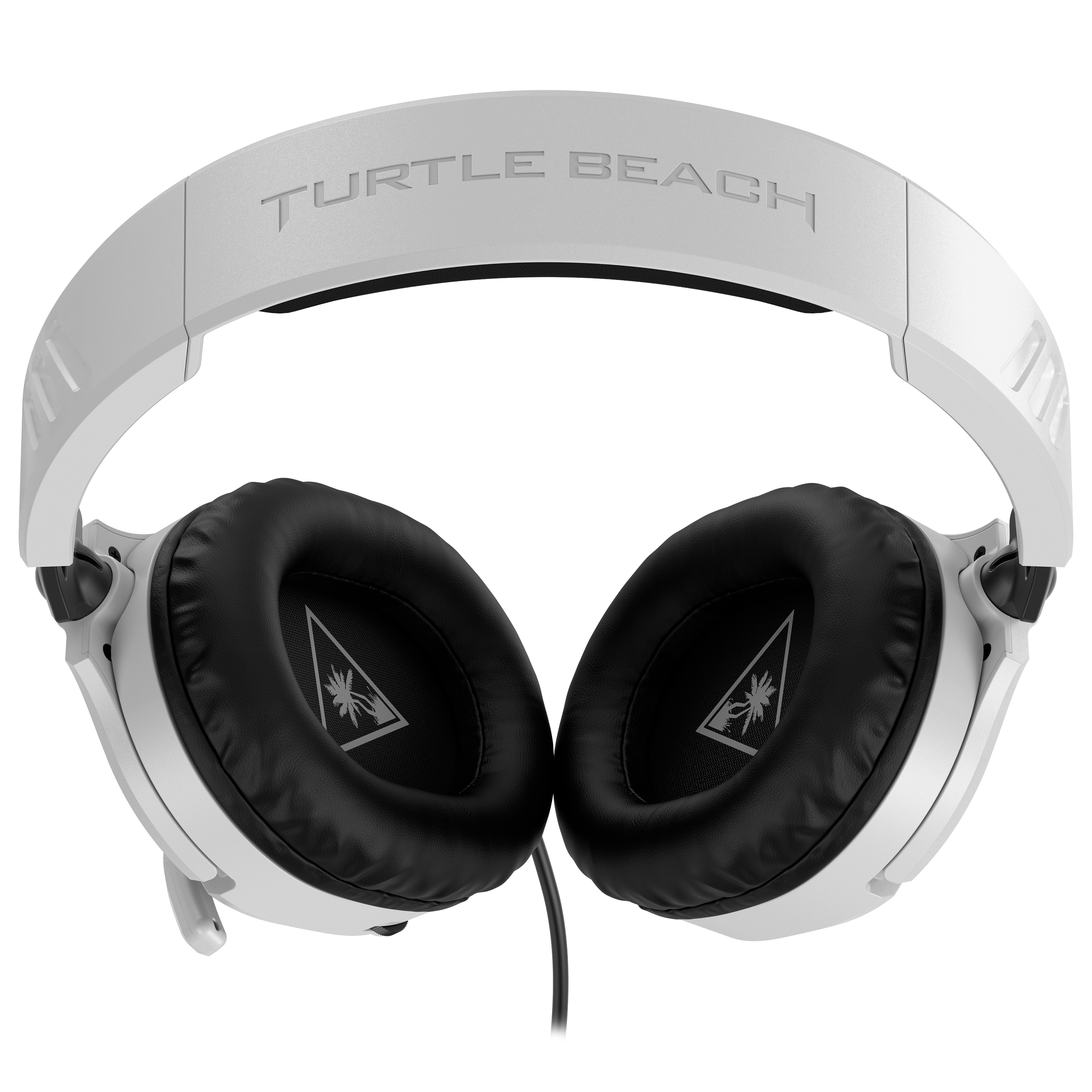 Weißes Gaming-Headset. Schwarze Ohrmuscheln mit Logo. 'TURTLE BEACH' auf dem Kopfband. Schwarzes Kabel.