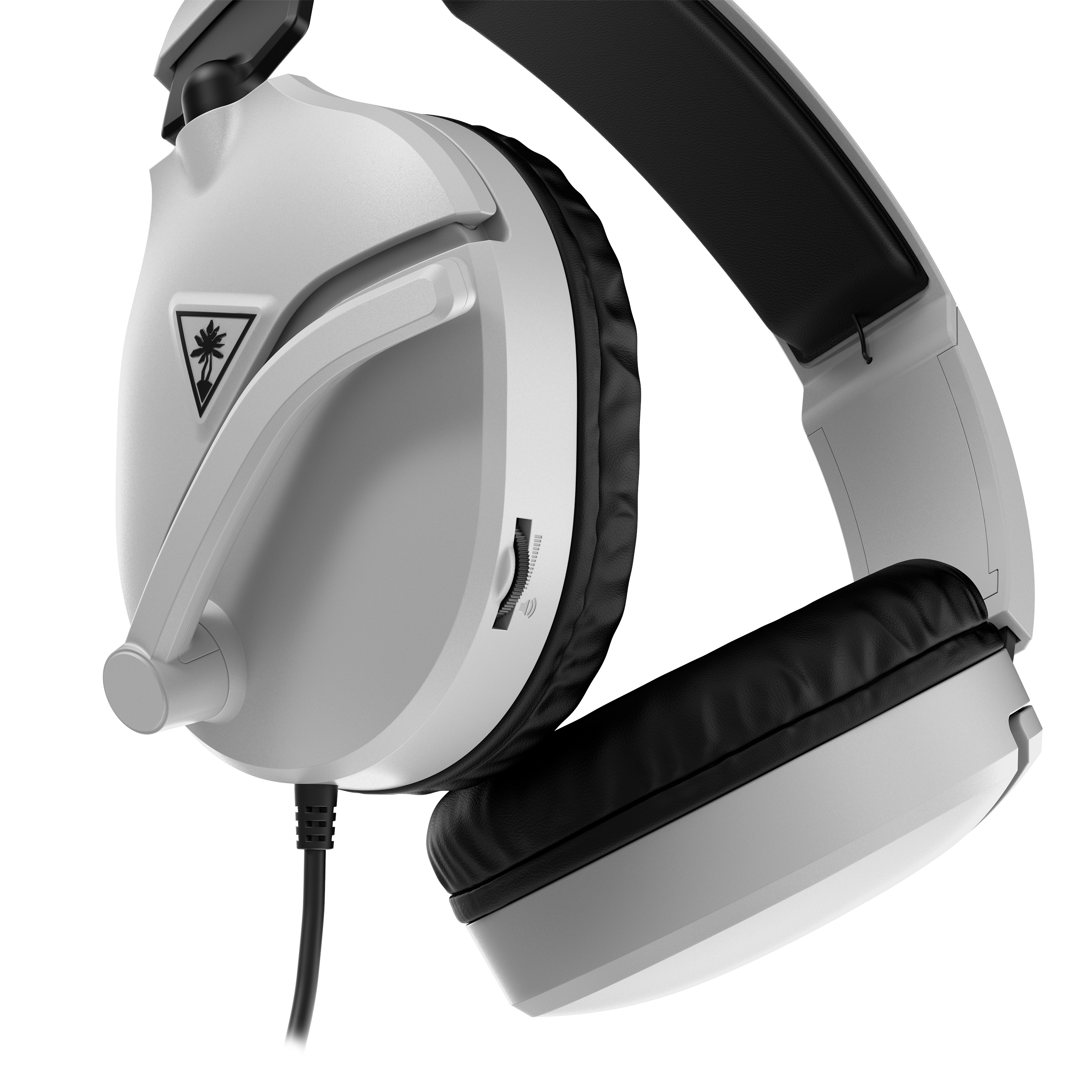 White and black gaming headset, with a microphone and volume control.