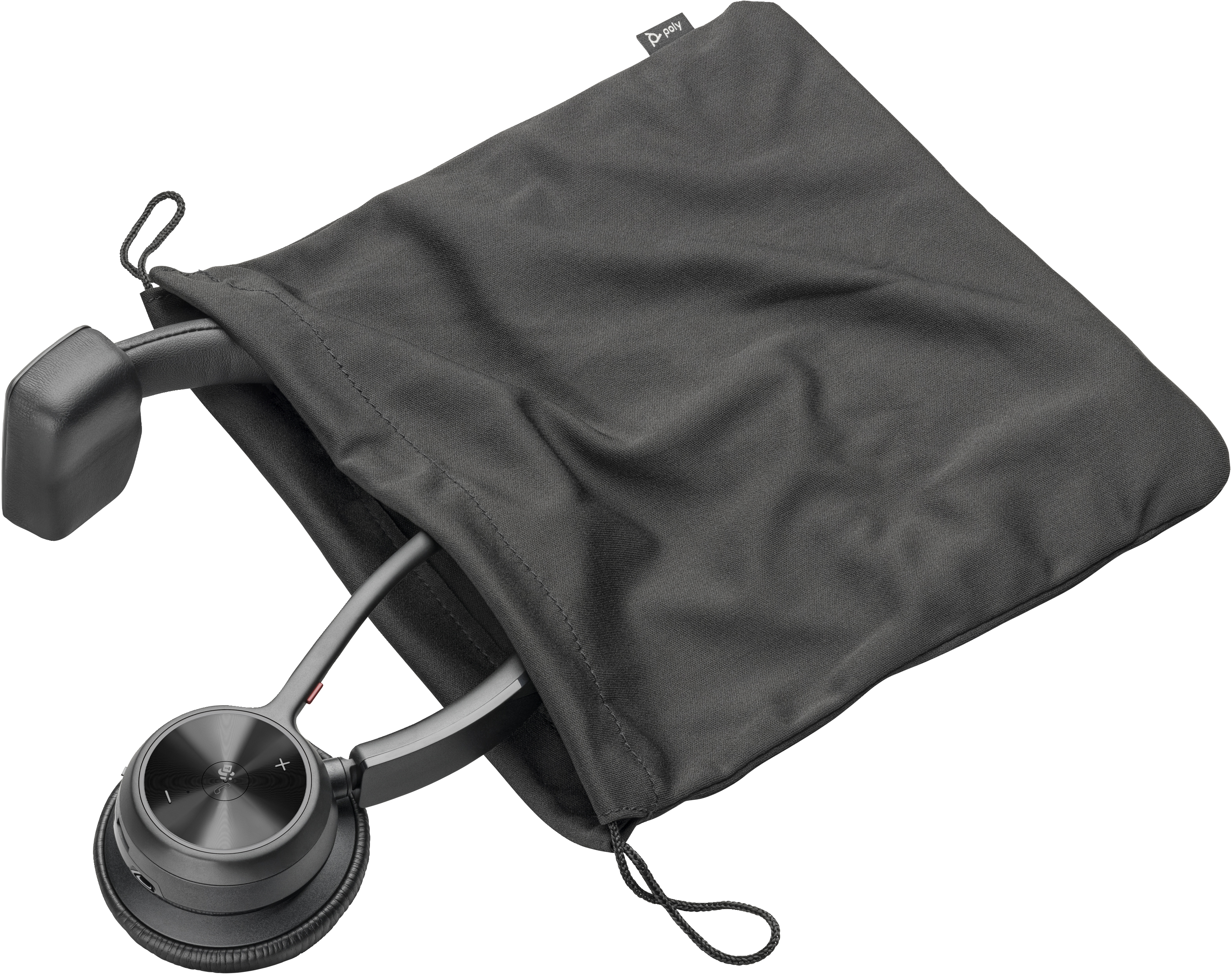 Kopfhörer in grauer Tasche. Schwarze Kopfhörer teilweise sichtbar. Tasche hat einen Kordelzug.