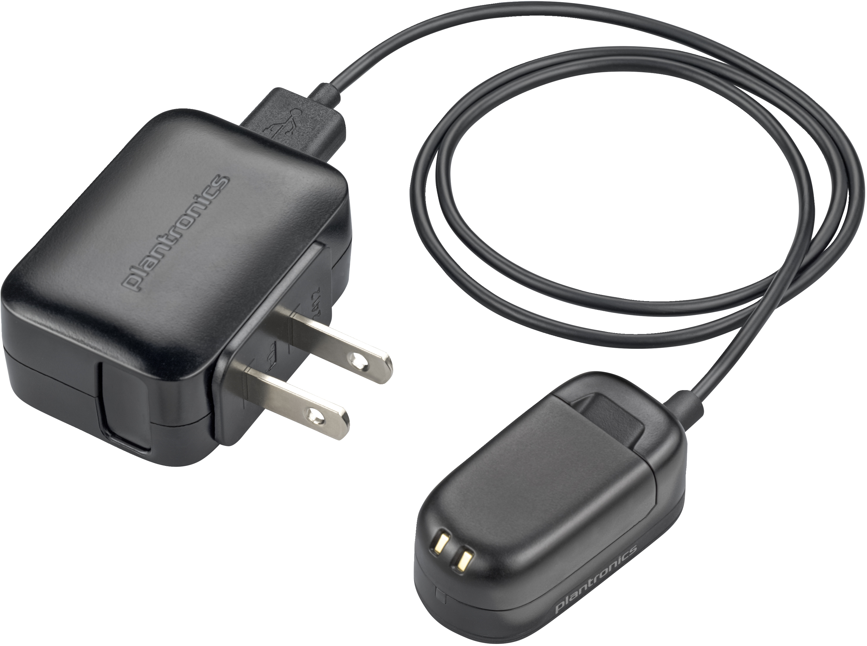 Czarna ładowarka z kablem USB i oddzielną podstawą ładującą do urządzenia, na białym tle.