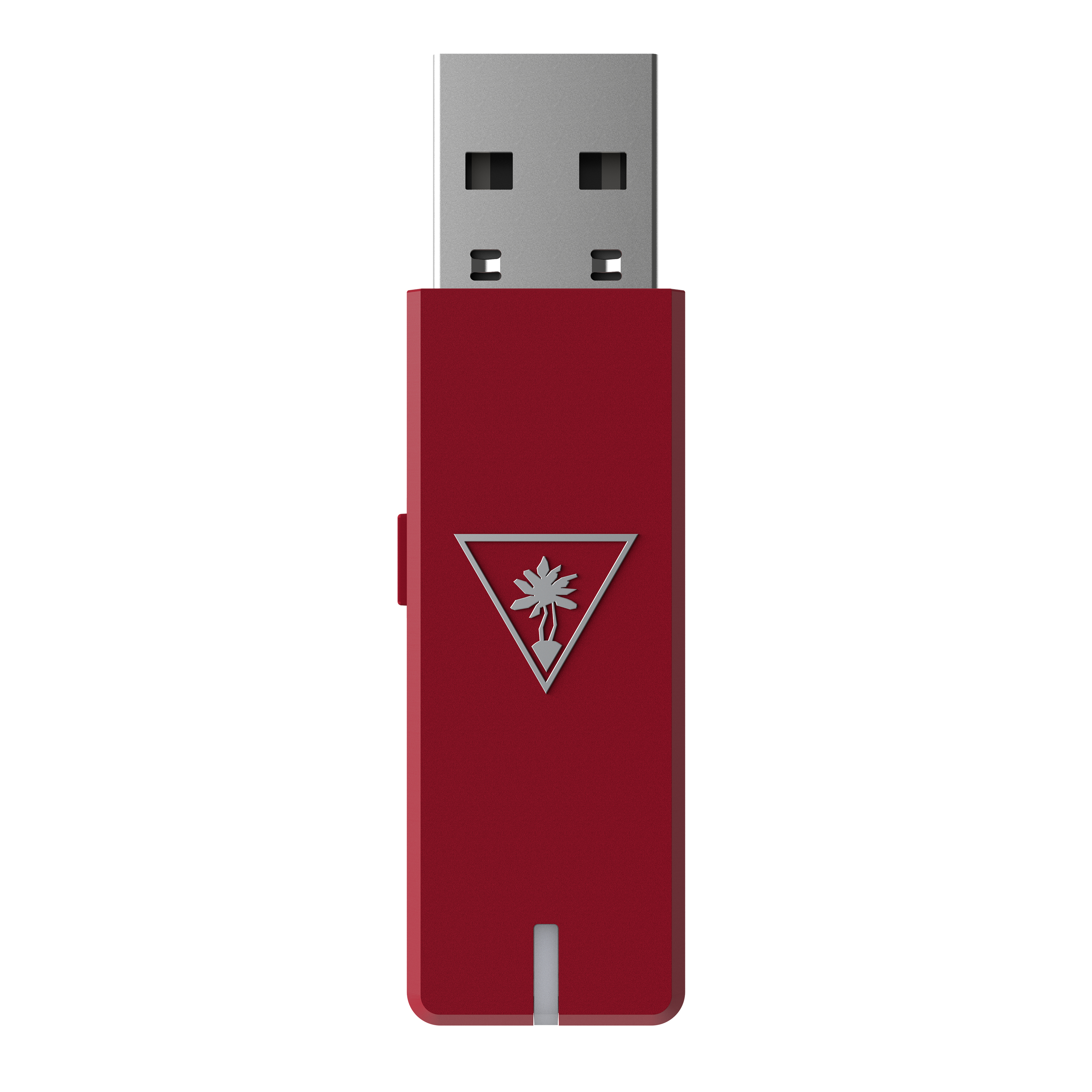 Czerwony klucz USB z logo i białym wzorem palmy.
