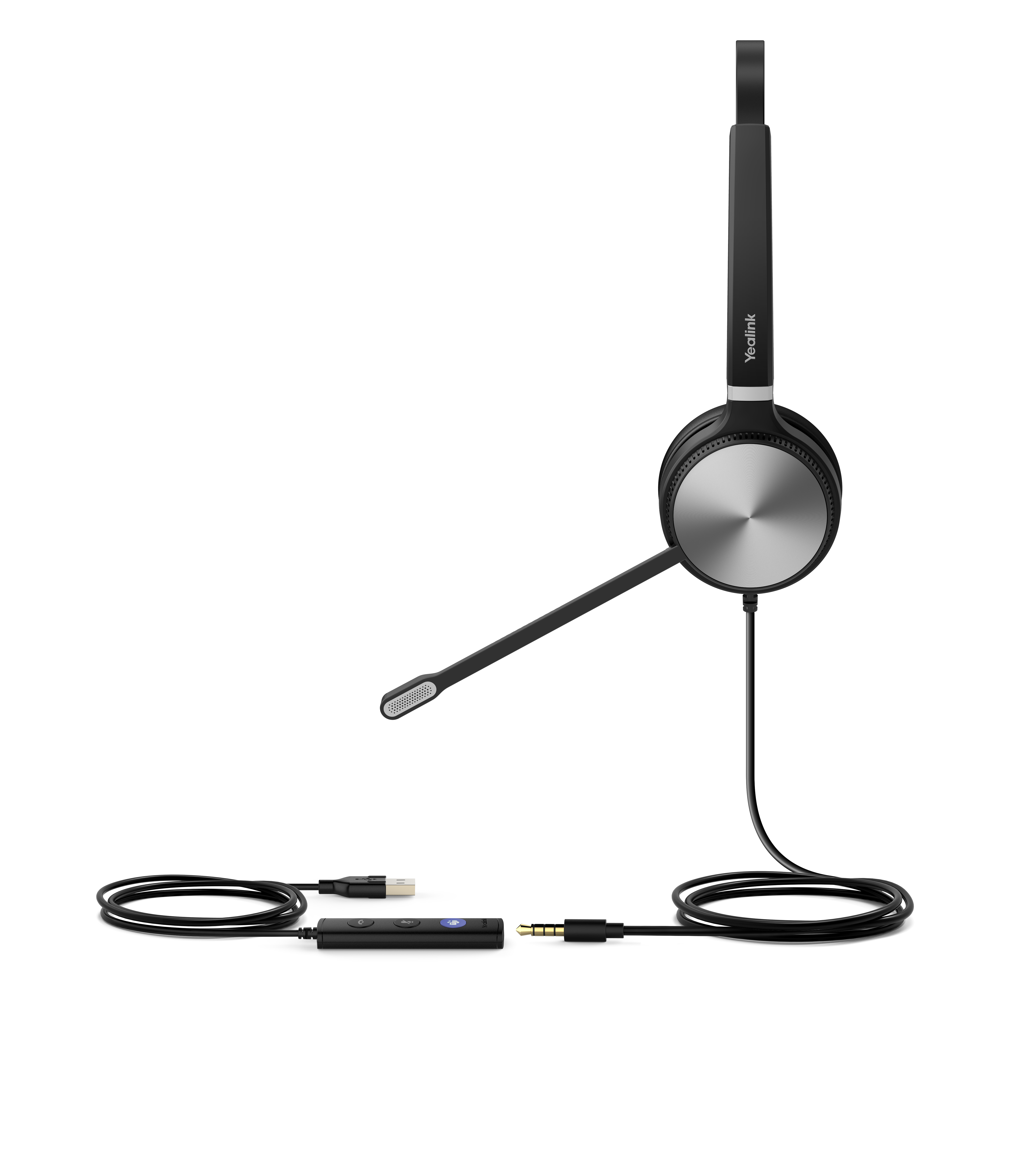 Auriculares Yealink negros con micrófono, unidad de control y cable USB. El fondo es blanco.
