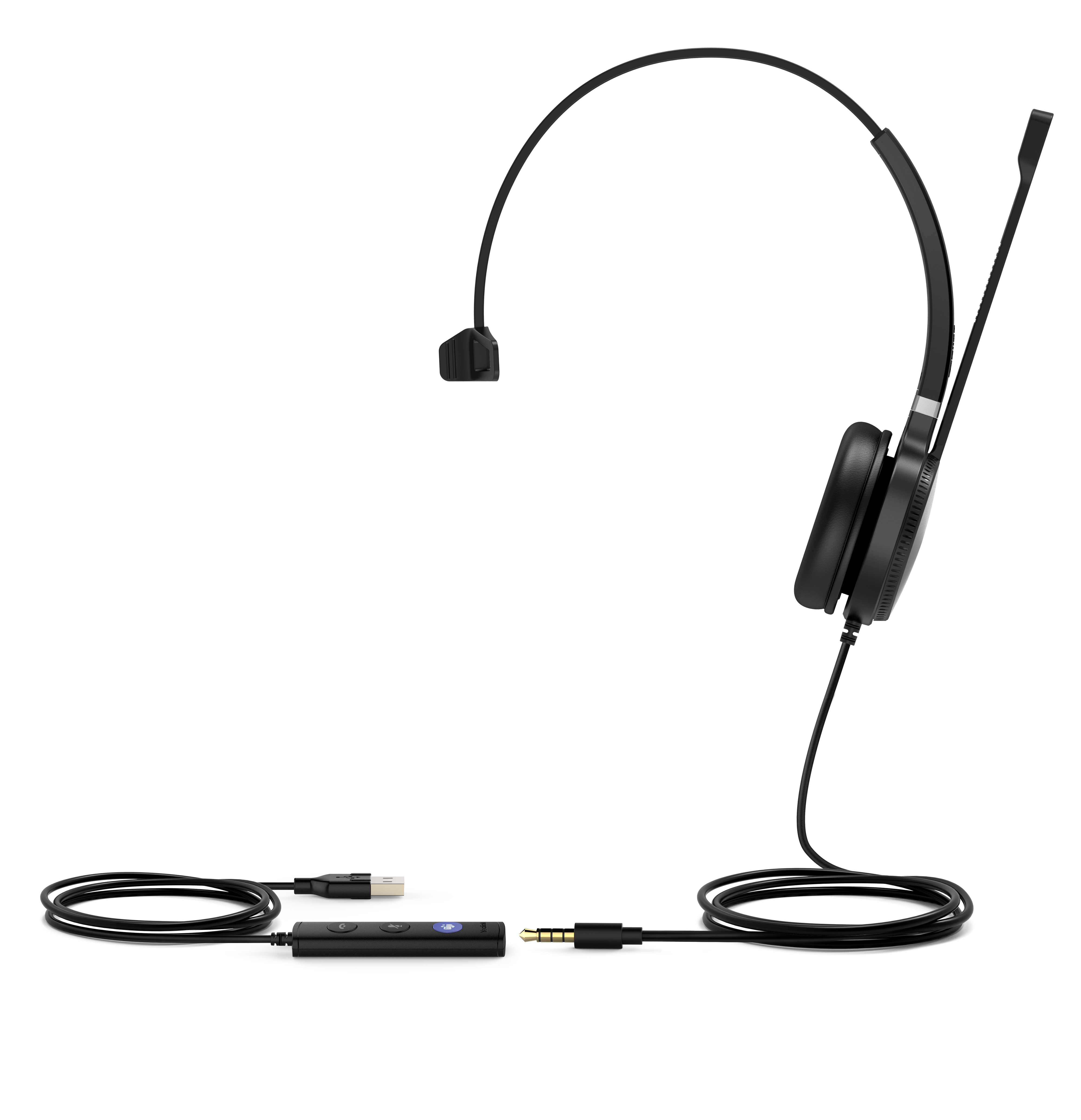 Auriculares negros con micrófono. Incluye cable USB, caja de control y conector.