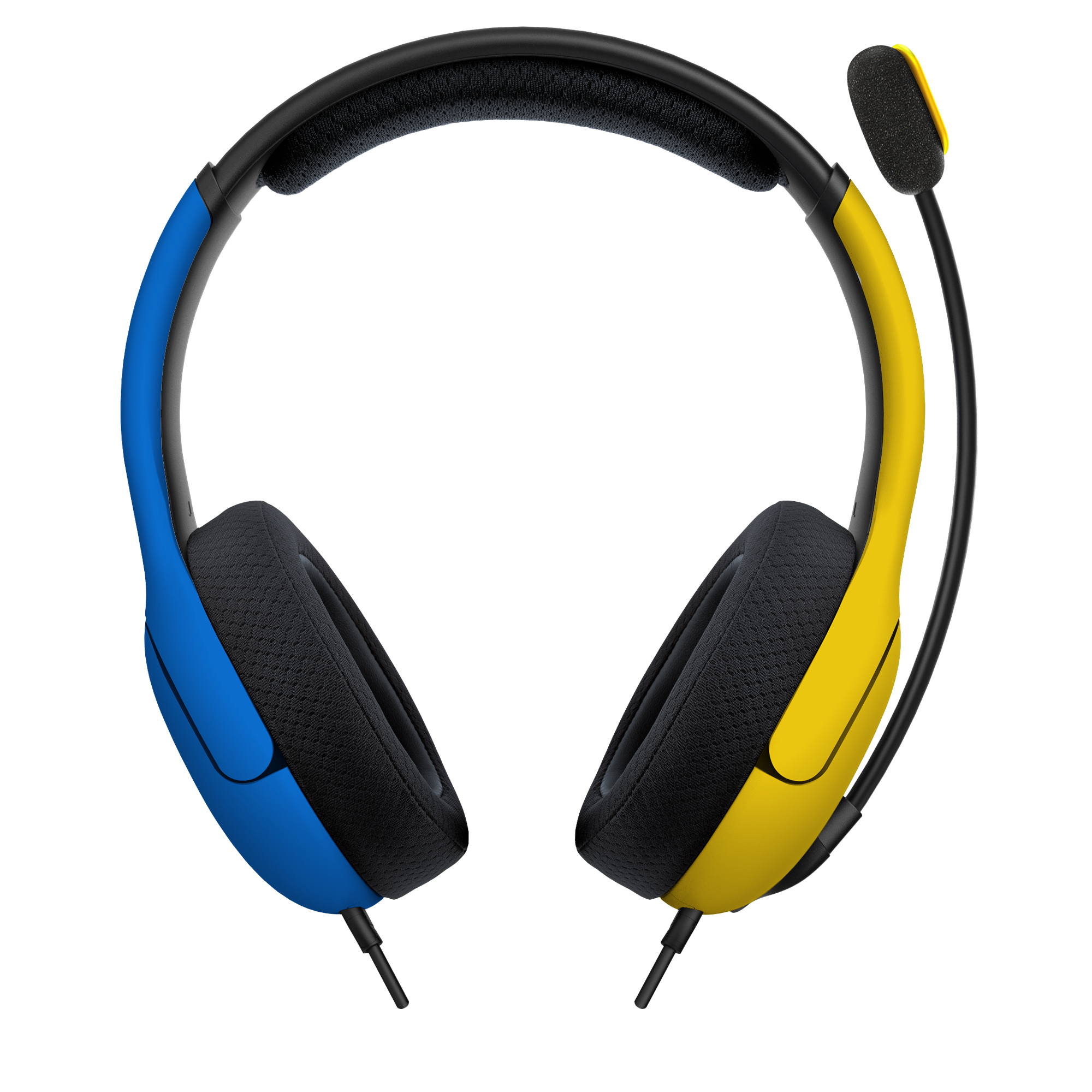 Blau-gelbes Headset mit Mikrofon auf weißem Hintergrund.