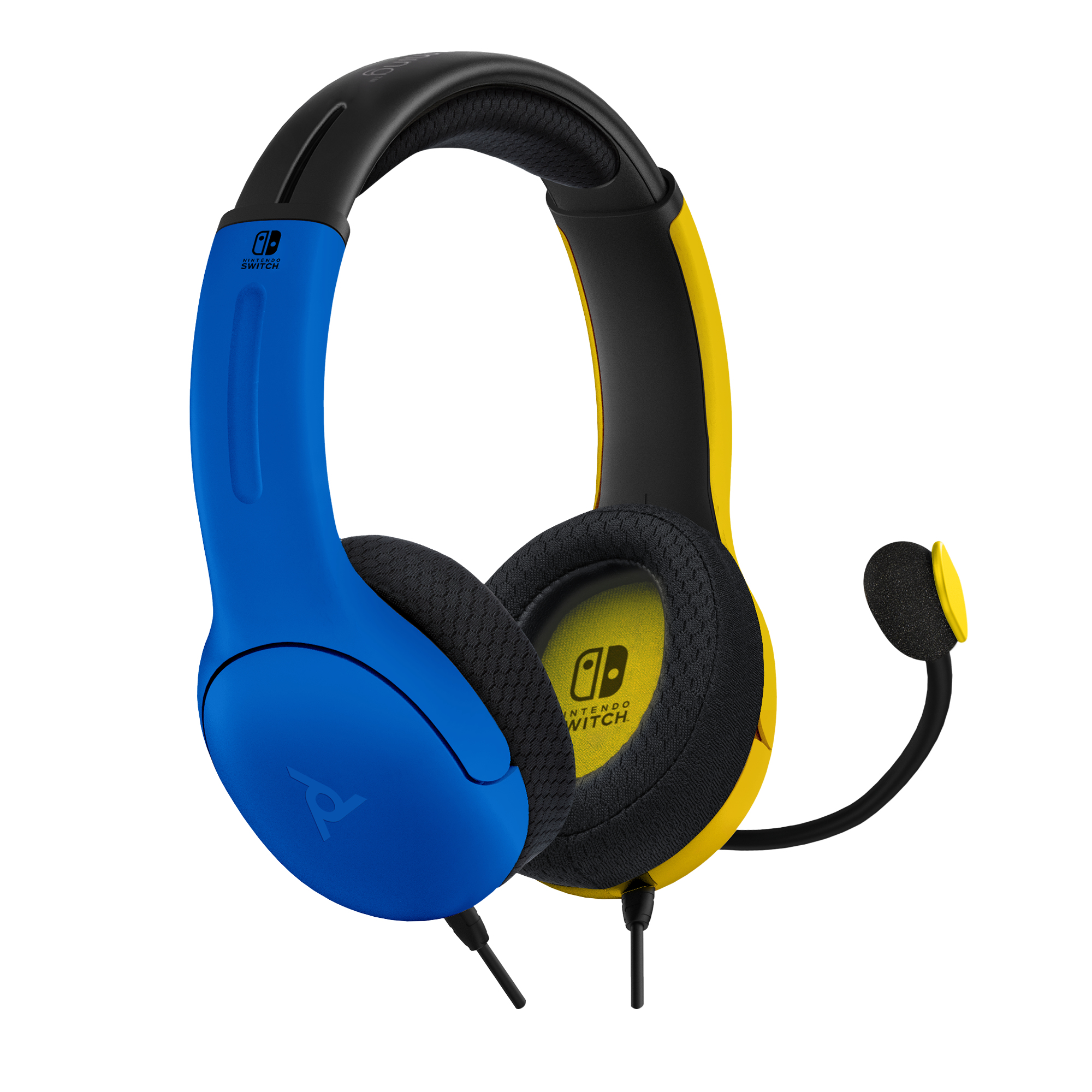Blaues und gelbes Switch-Headset mit Mikrofon. Es hat ein schwarzes Kabel.