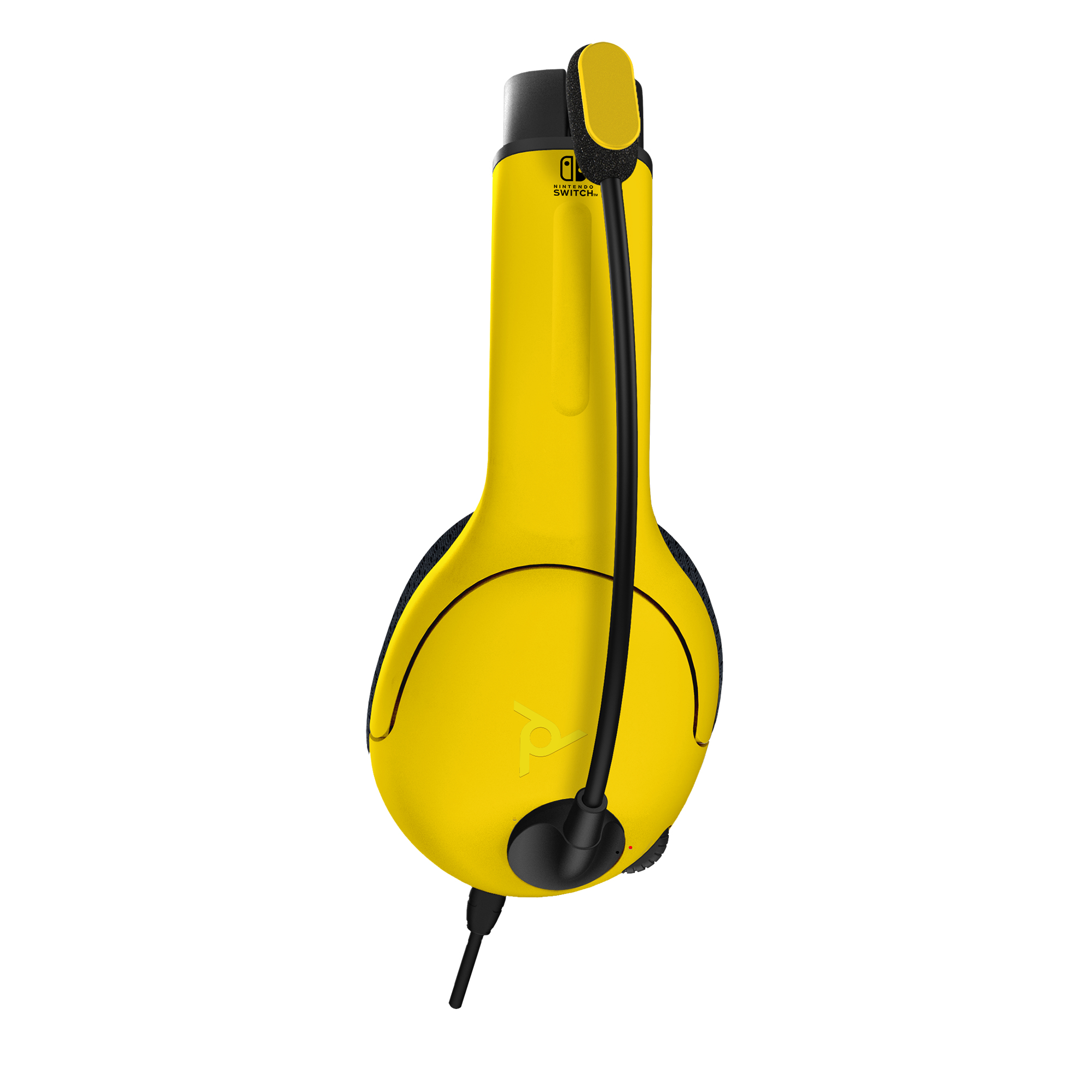 Gelbes Headset mit schwarzen Akzenten. Kabel erstreckt sich nach unten. Weißer Hintergrund.